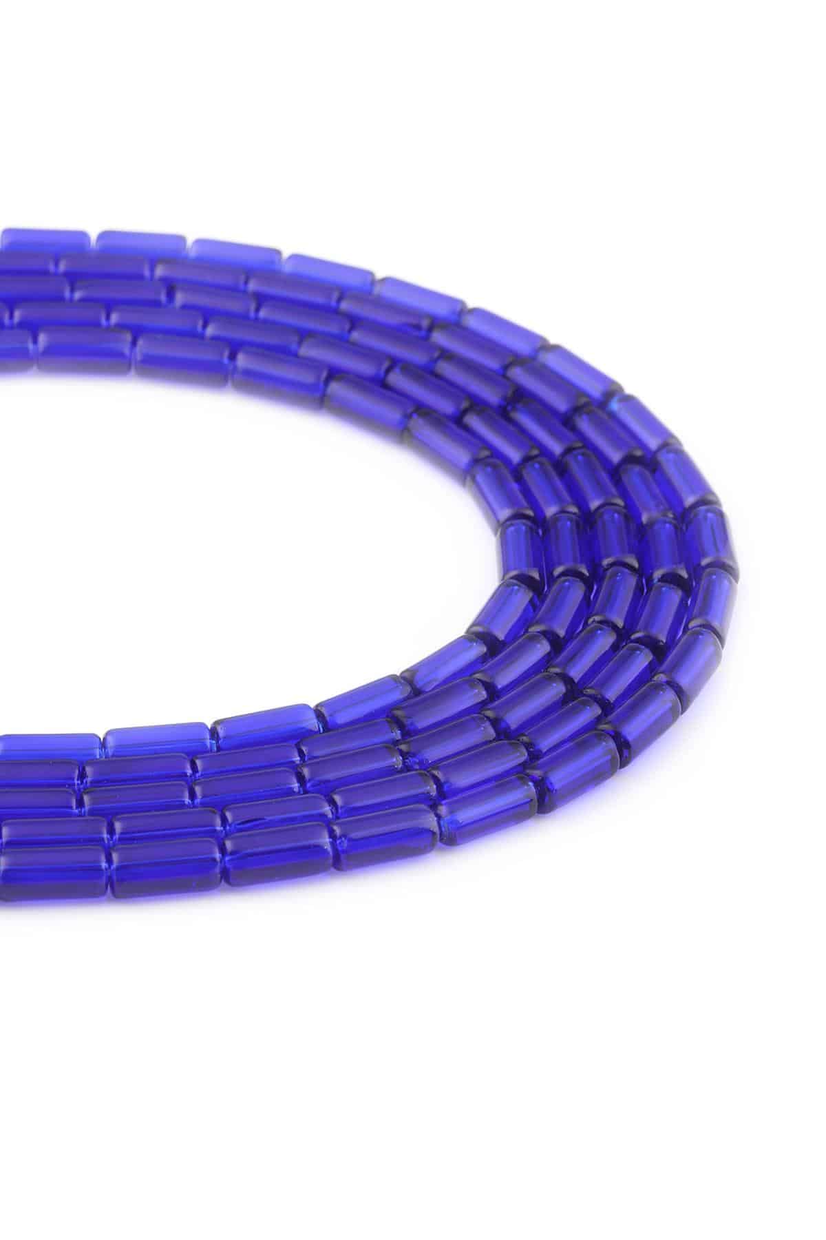 Glass Shiny Blue Cylinder Cut 5x10mm String Of Beads