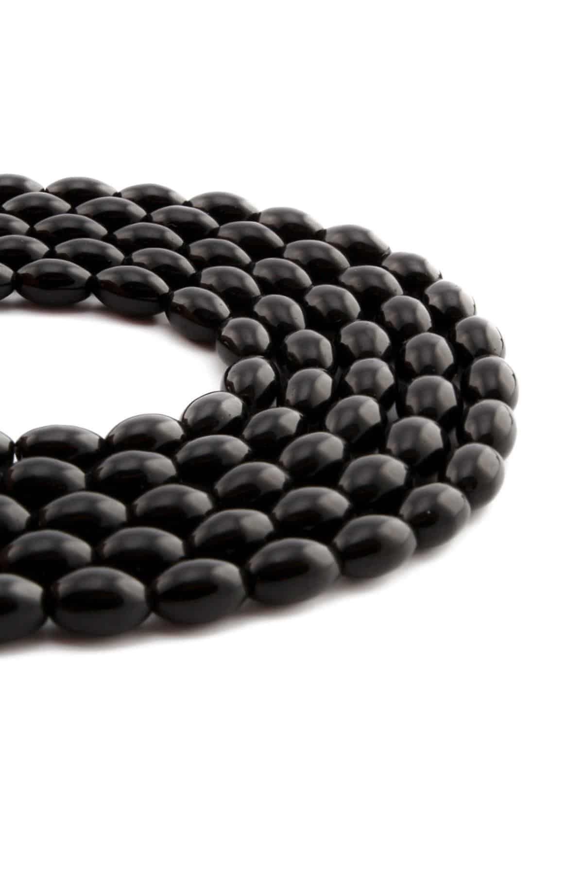 Glass Shiny Black Barley Cut 6x9mm String Of Beads