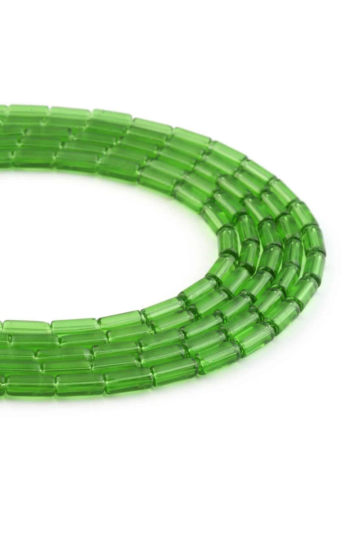 Glass Shiny Green Cylinder Cut 5x10mm String Of Beads
