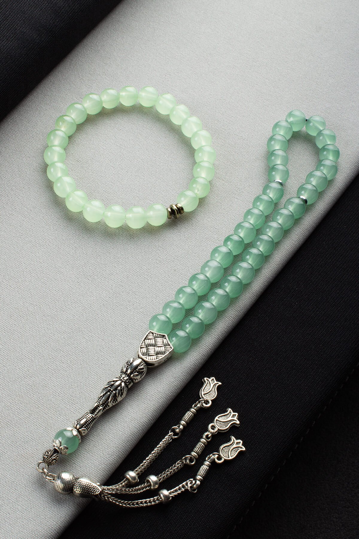 Cam Yeşil Misina Bileklik & Cam Yeşil 33 lü 8mm Tesbih Seti