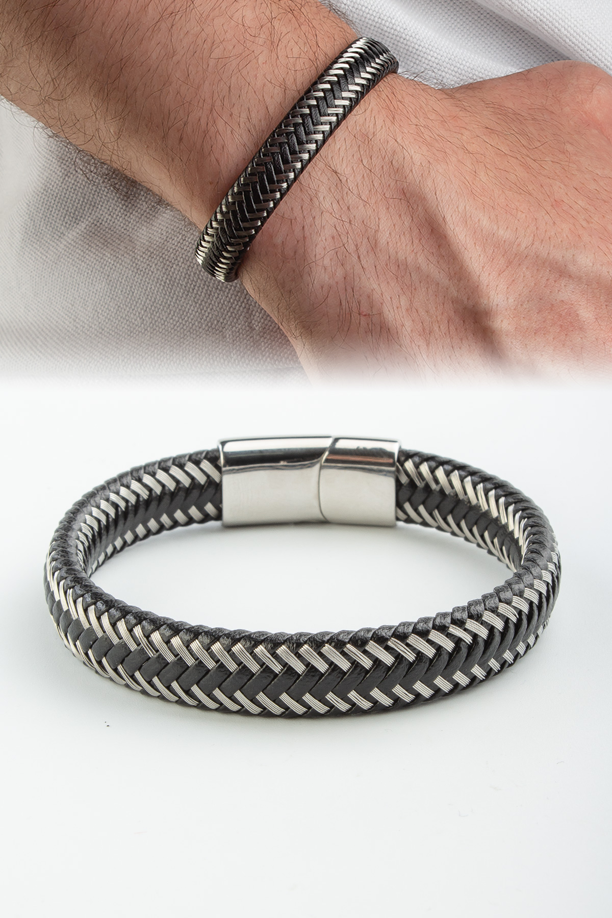 Çelik Örmeli Deri Erkek Bilekliği