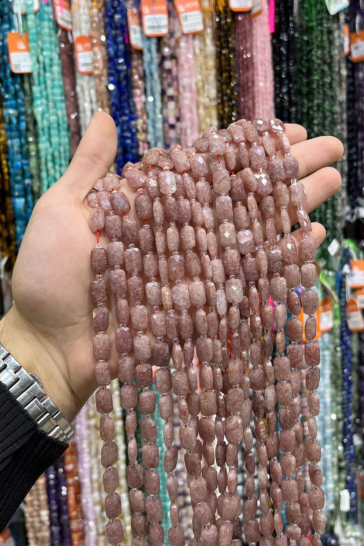 Çilek Kuvars Doğal Taş Fasetli Yassı Dikdörtgen Kesim 8x12mm Dizi