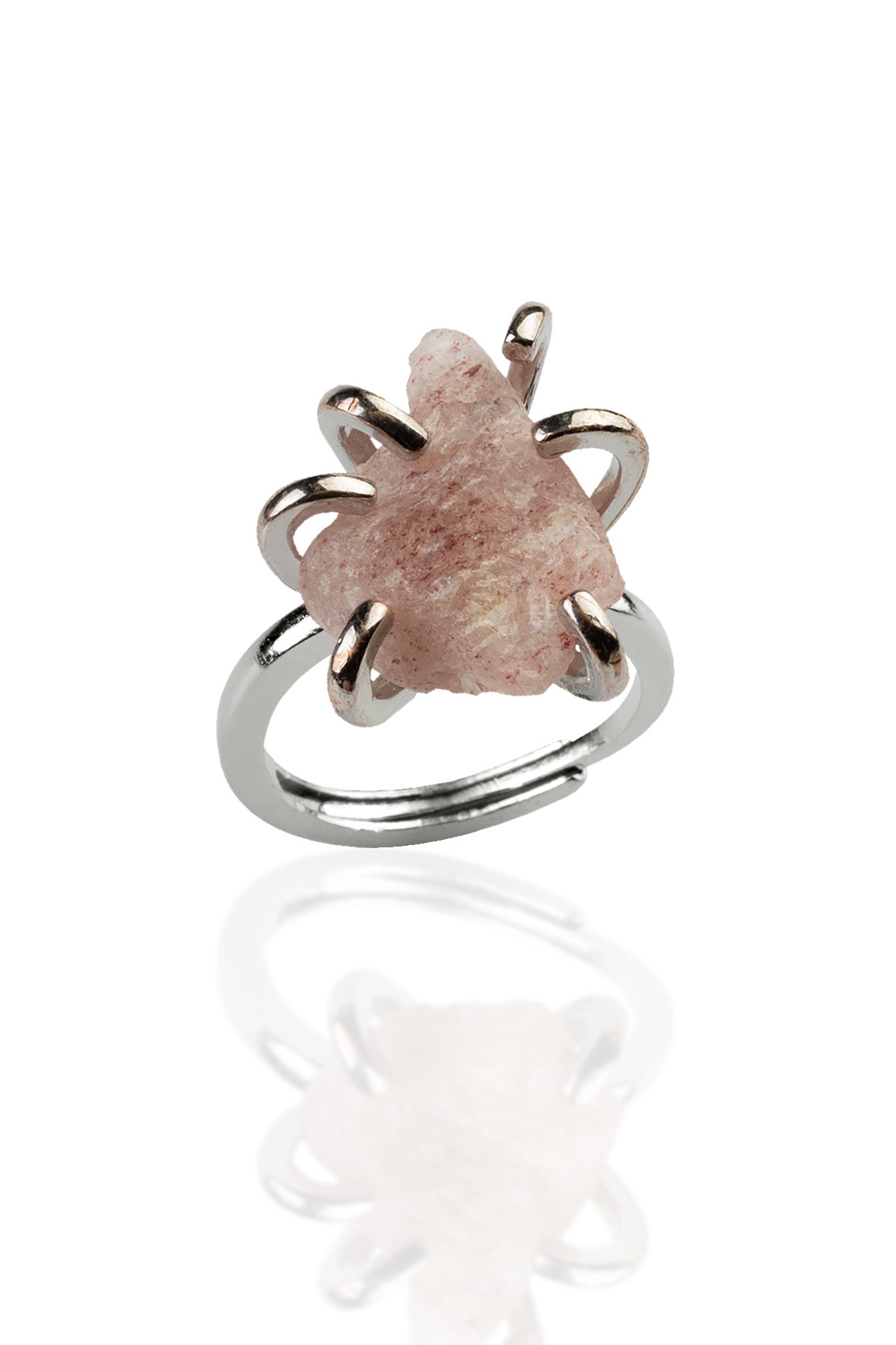 Çilek Kuvars Taşı Ham Kütle Kesim Pirinç Üzeri Gümüş Kaplama Ayarlanabilir Yüzük