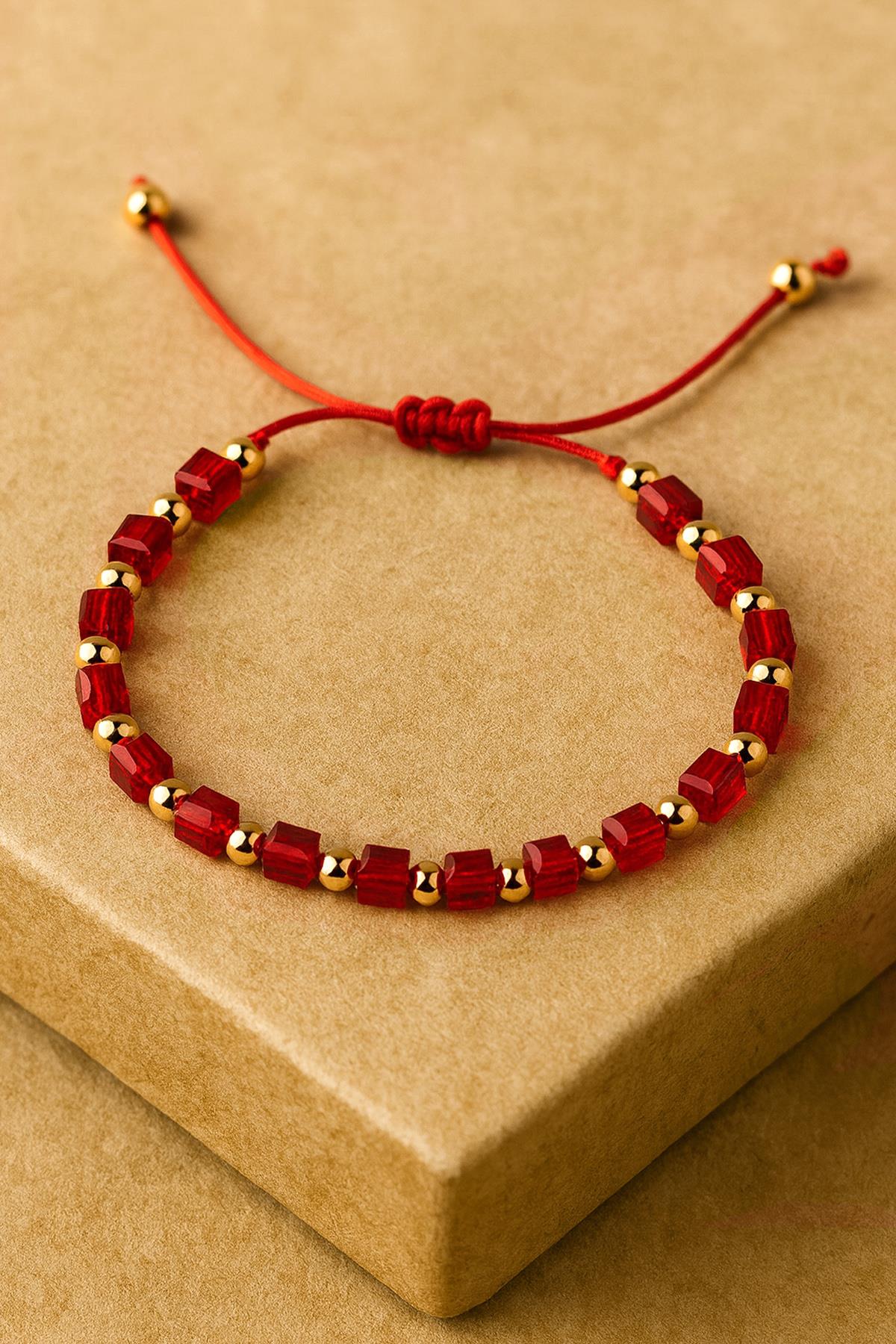 Çin Kristali Top Boncuklu Küp Kesim 4x4 mm Kırmızı Yılbaşı Makrome Bileklik