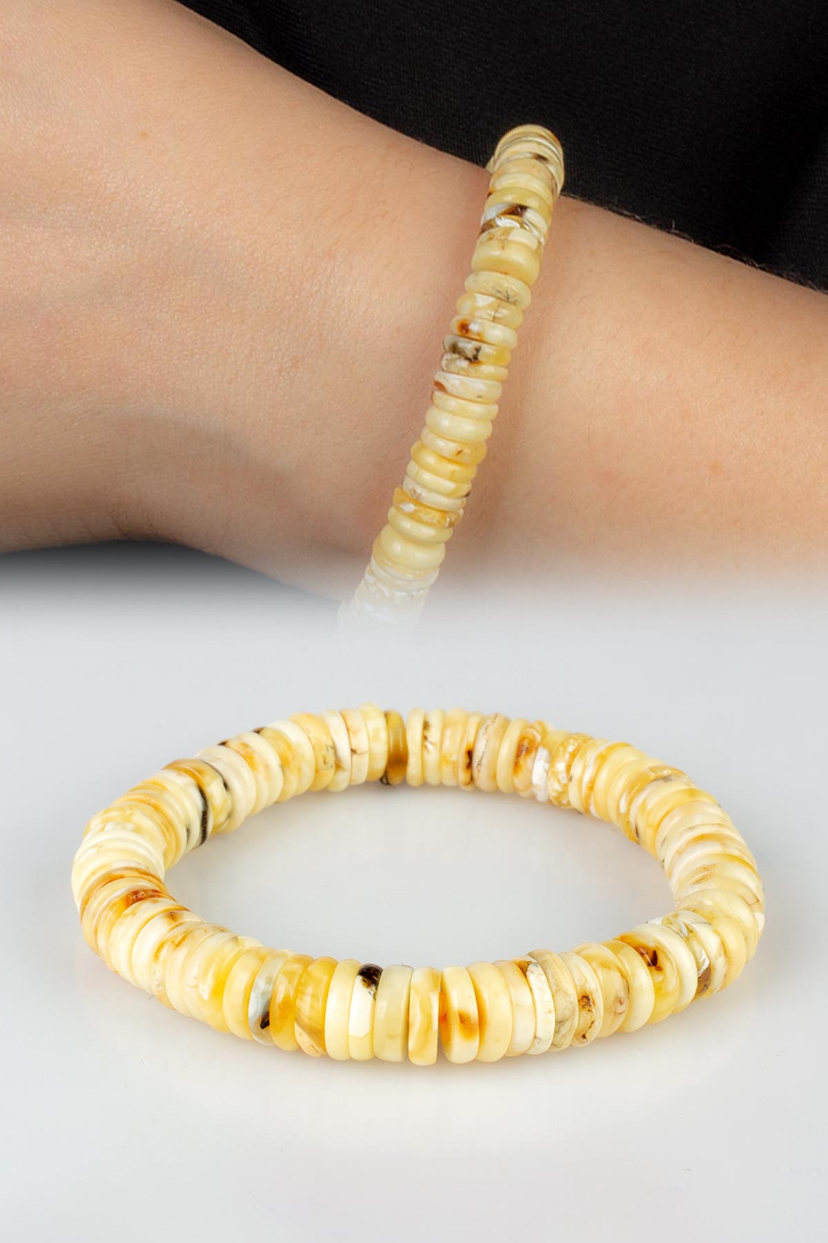 Damla Kehribar Karışık Ton Rondela Kesim Unisex Bileklik  9-11gr