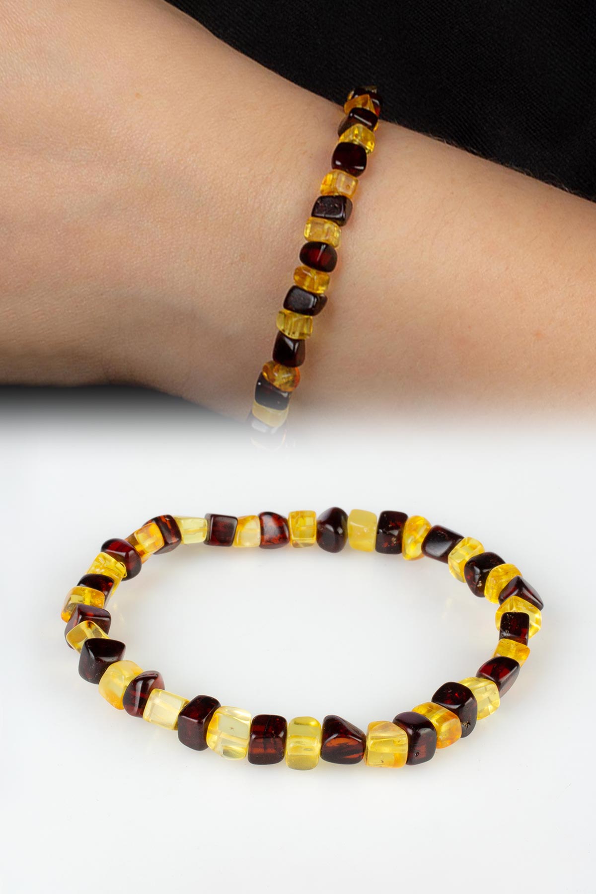 Damla Kehribar Parlak Sarı-Kırmızı Küp Kesim Yetişkin Bileklik 4,1-4,4gr