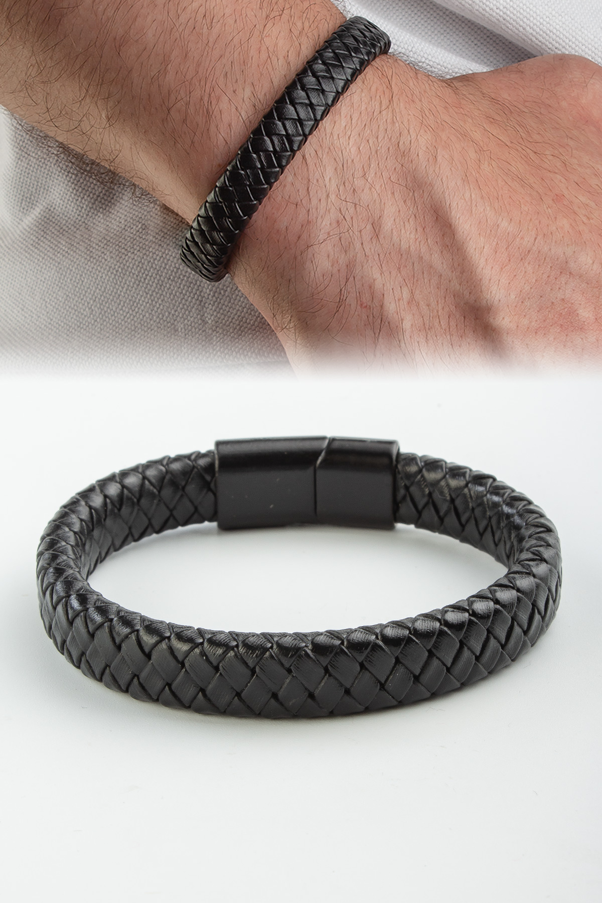 Deri Siyah 12mm Erkeke Bilekliği