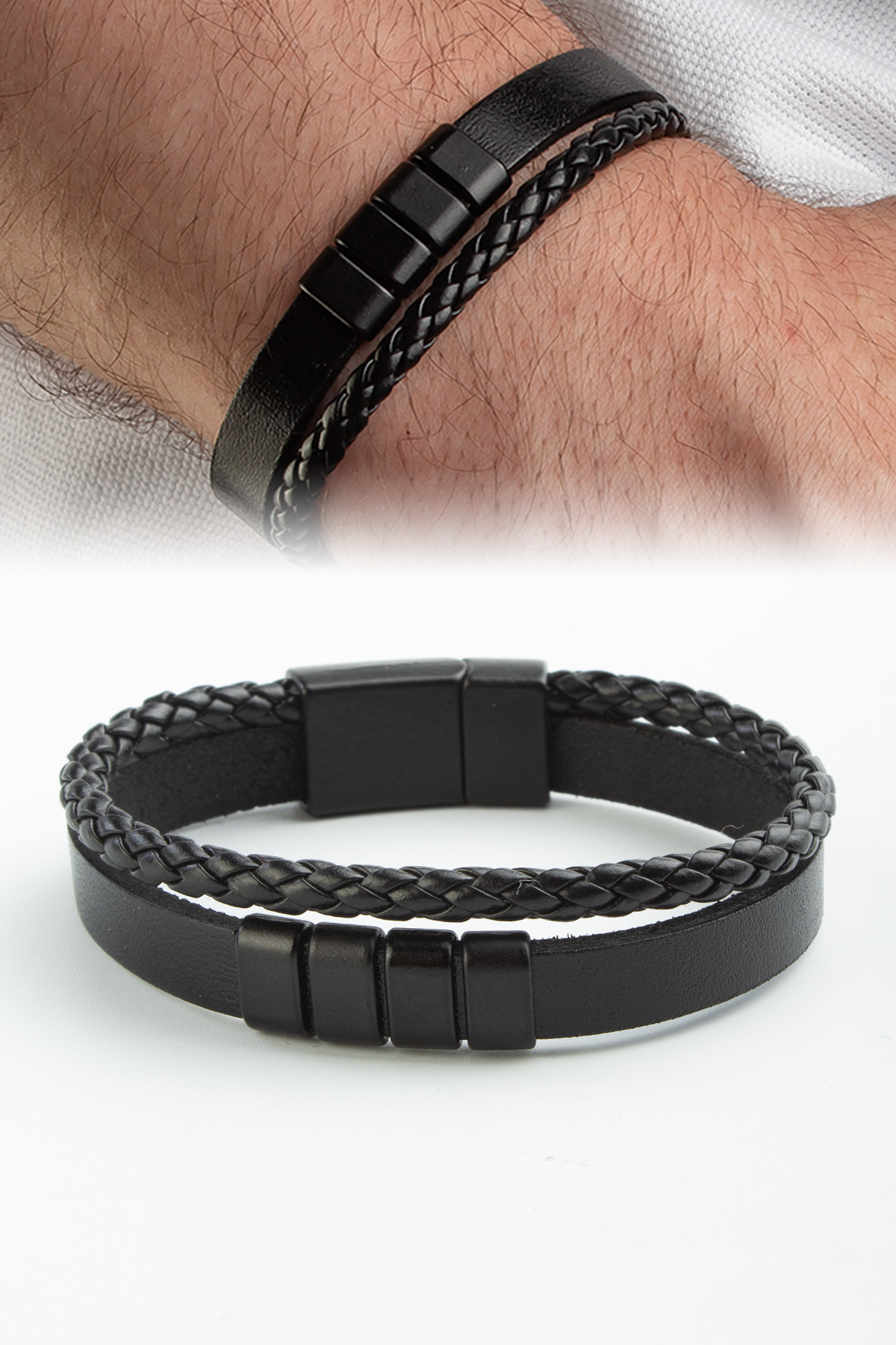 Deri Siyah İkili Erkek Bilekliği
