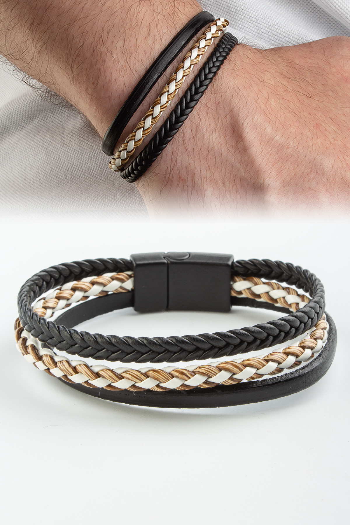 Deri Siyah-Sarı Üçlü Erkek Bilekliği