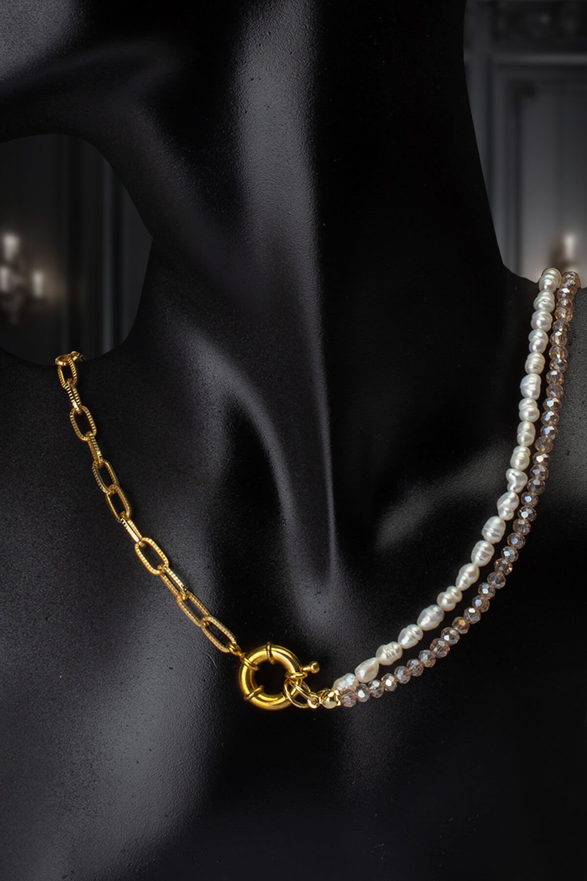 Doğal Taş Arpa İnci Kristalli Yarı Zincir Kolye