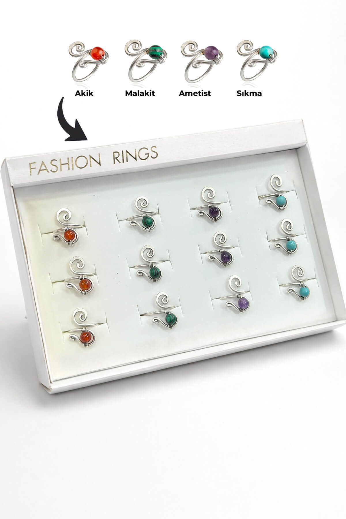 Doğal Taş Karışık Çelik Küre Kesim 12 Adet Ayarlanabilir Yüzük