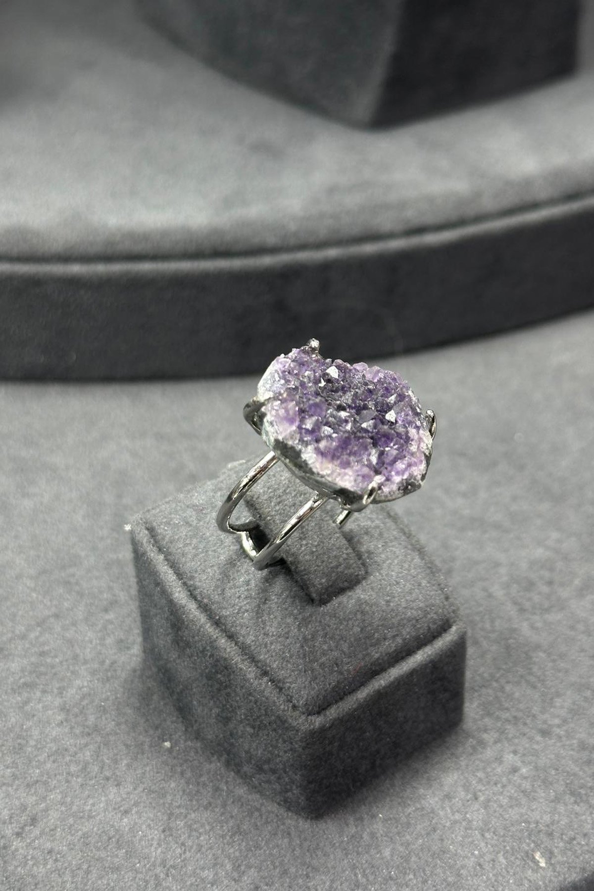 Druze Ametist Taşı Ham Kütle Kesim Çelik Ayarlanabilir Yüzük
