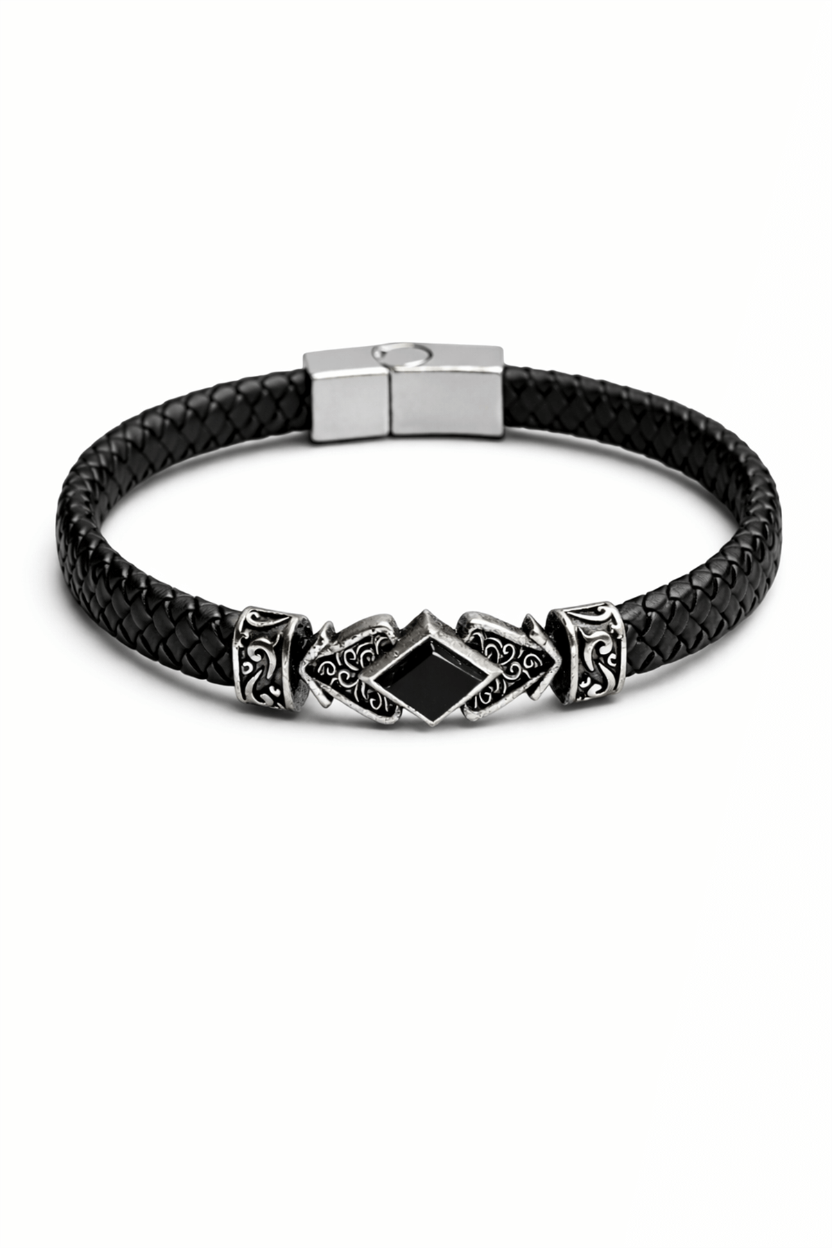 Erkek Deri Bileklik Oniks Kare Kesim Siyah