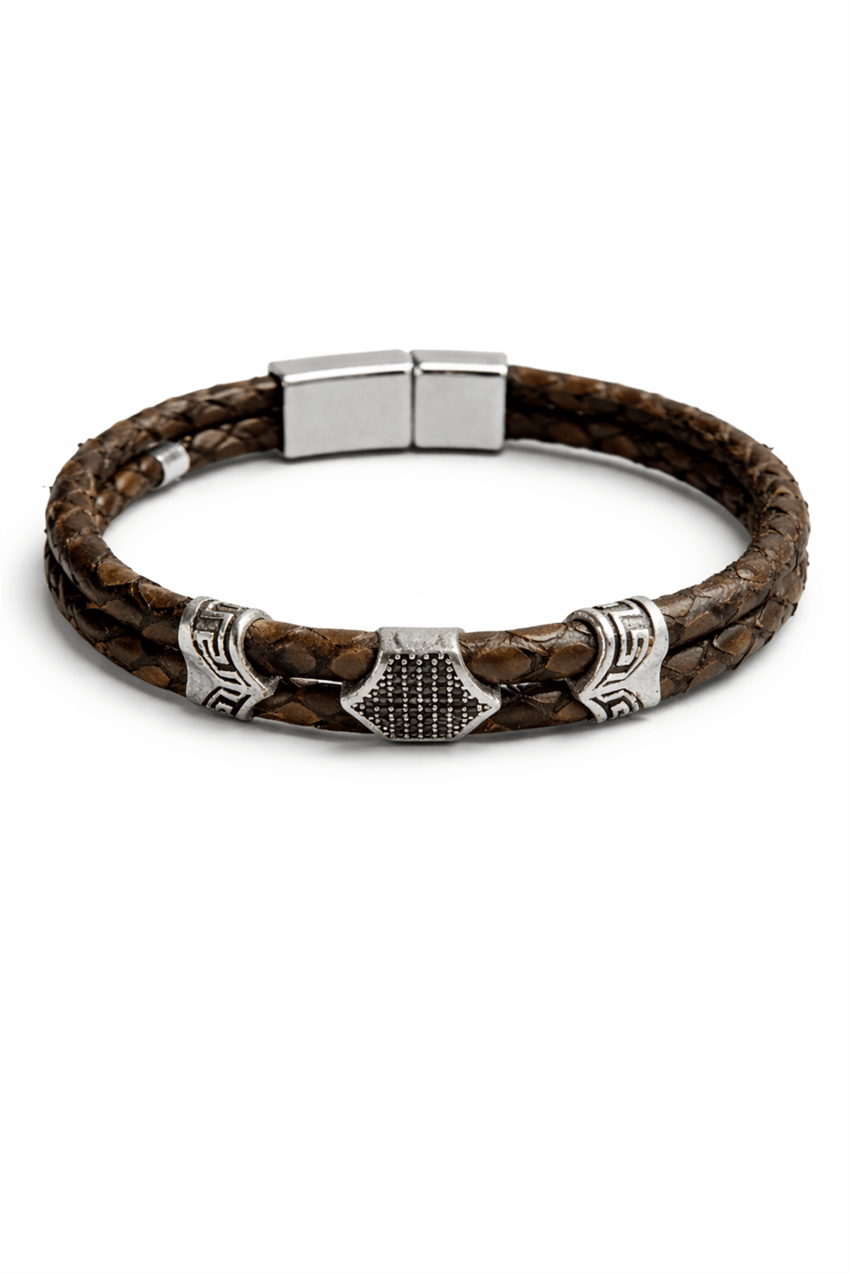 Erkek Deri Bileklik Zirkonlu Çift Tüp Kahverengi Yılan Derisi Erkek Bileklik