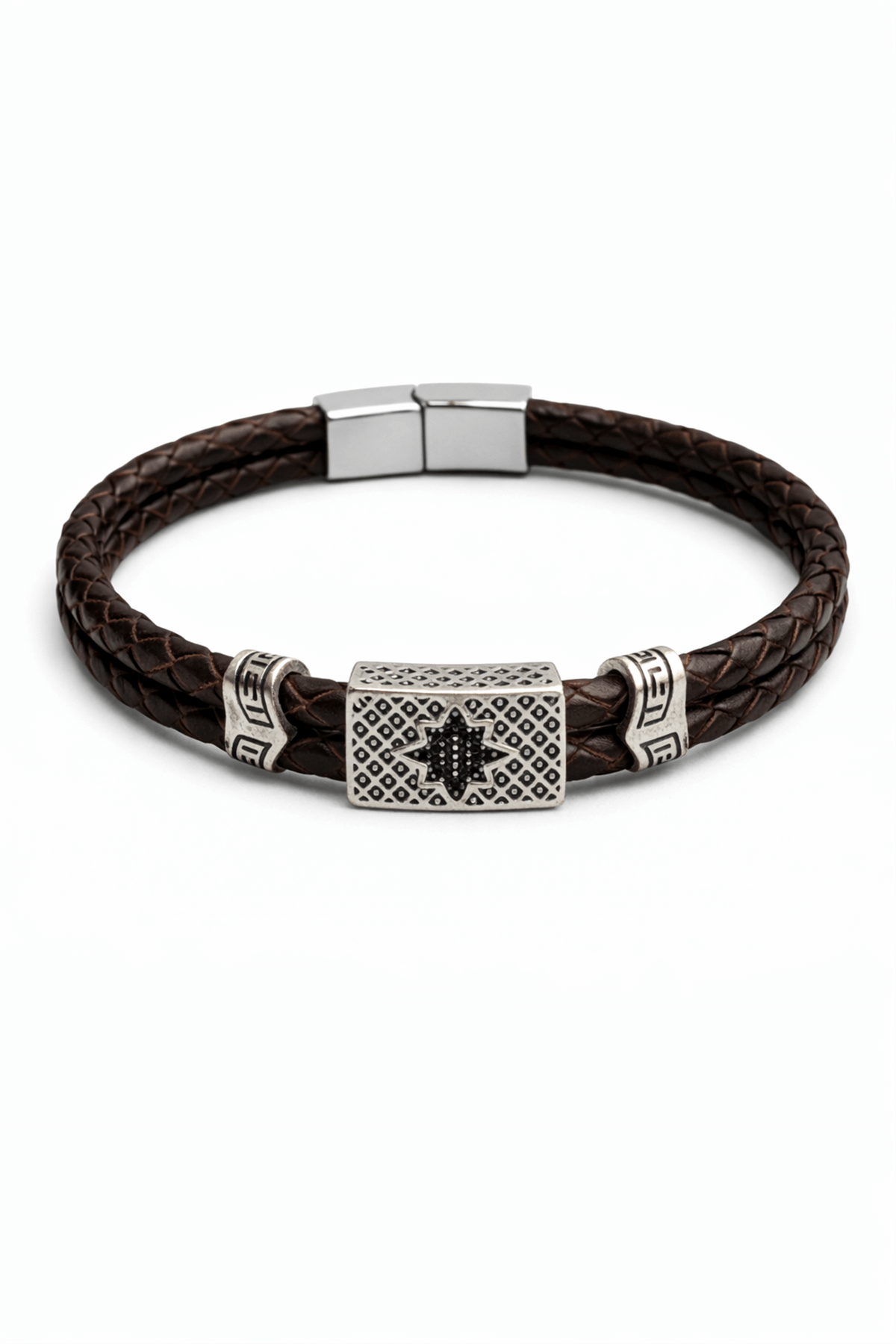 Erkek Deri Bileklik Zirkonlu Çift Tüp Siyah Erkek Bileklik