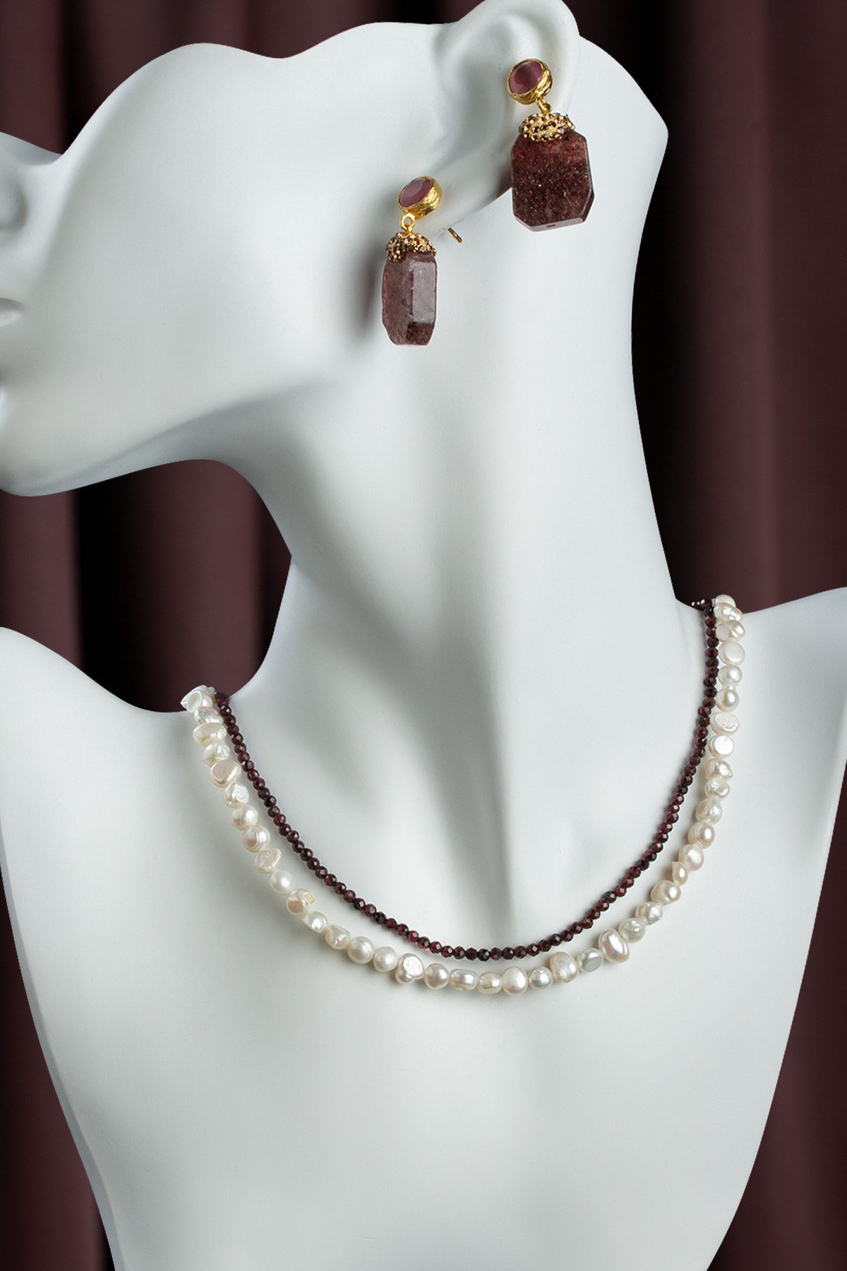 Garnet Doğal Taşlı İnci Kolye & Garnet Taşı Küpe Hediye Seti