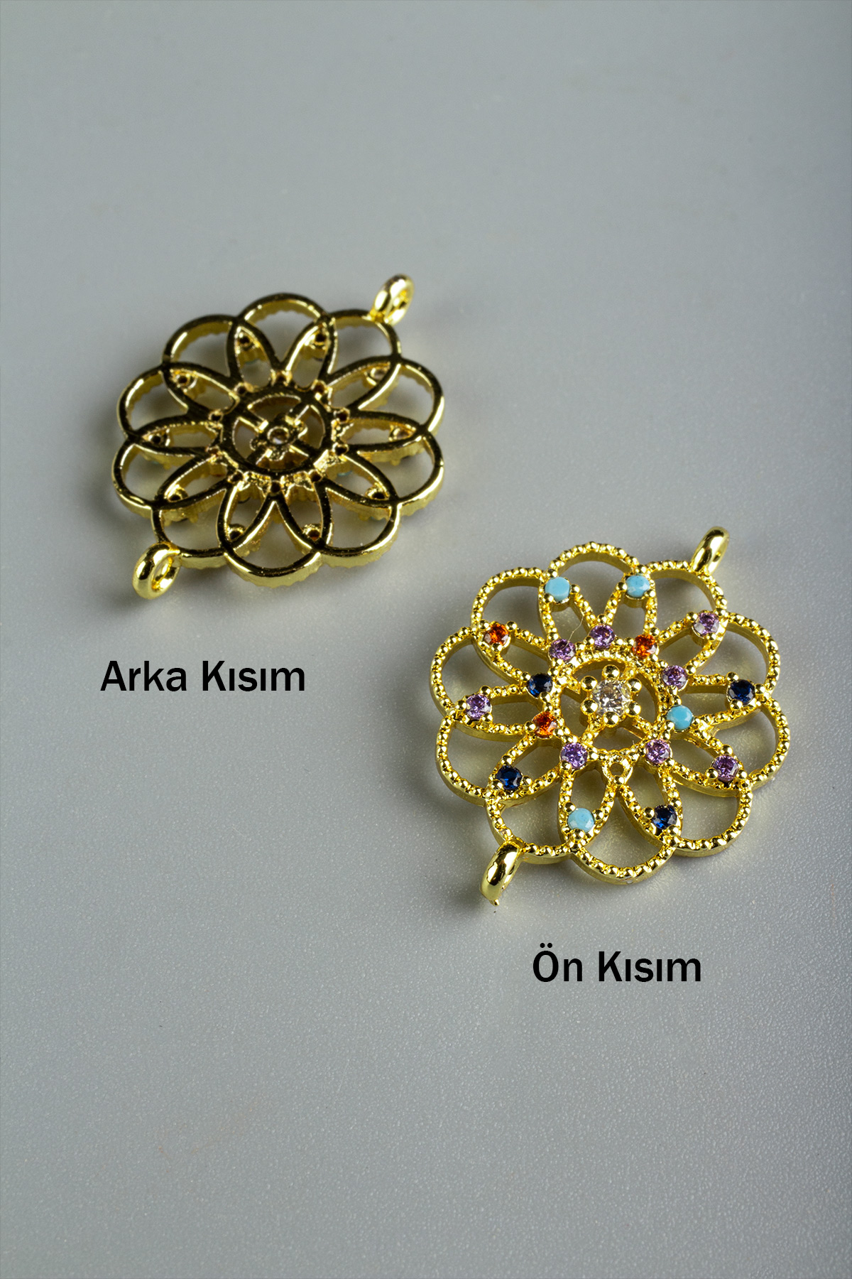 Gold Yuvarlak Çiçek Desen Karışık Renkli Zirkon Taşlı Bileklik Aparatı 20 mm