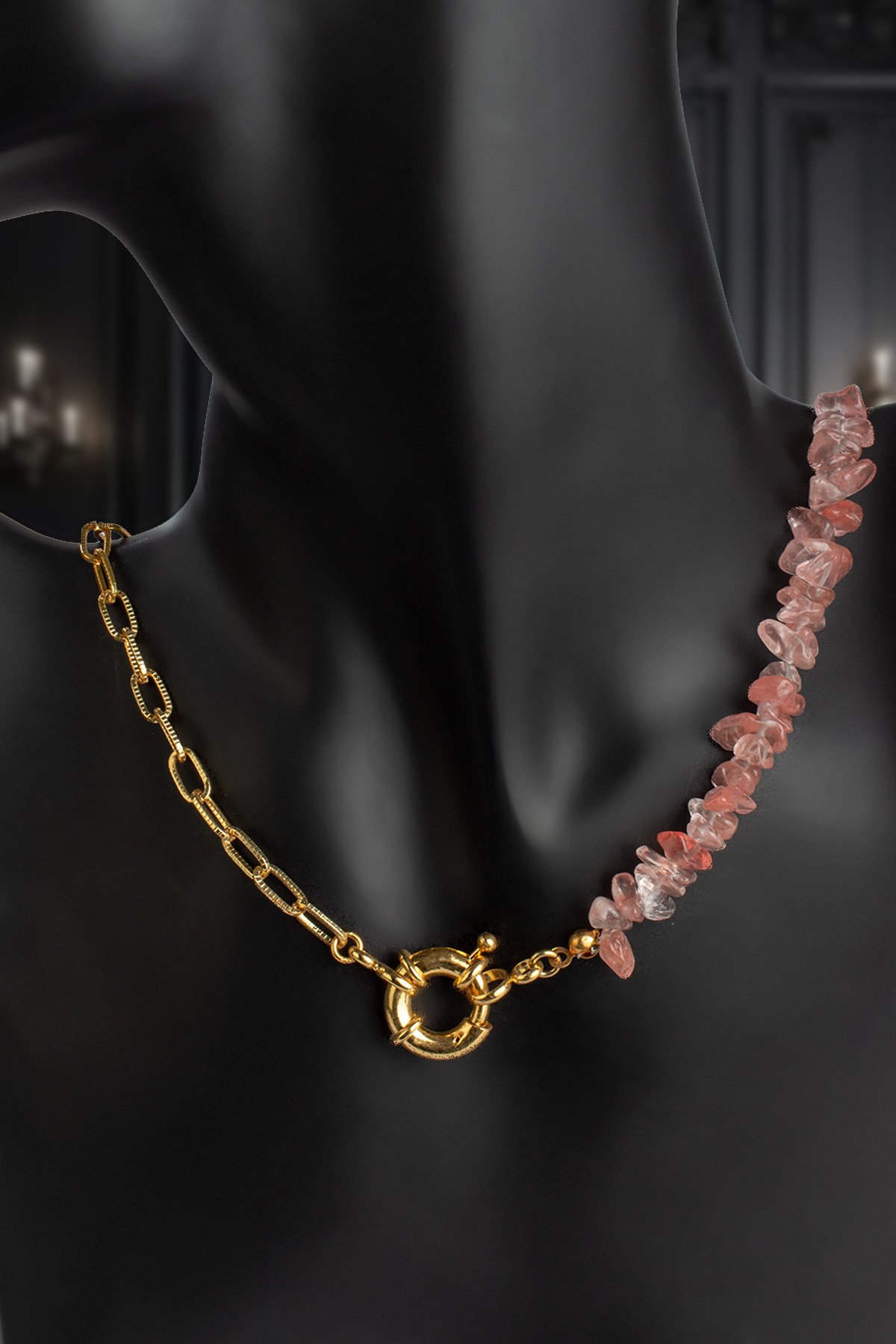 Gül Kuvars Doğal Kırık Taş Gemici Dümeni Kapamalı Kolye