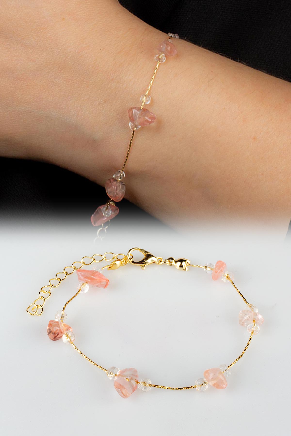 Gül Kuvars Kırık Doğal Taş Yapıştırma Zincir Bileklik