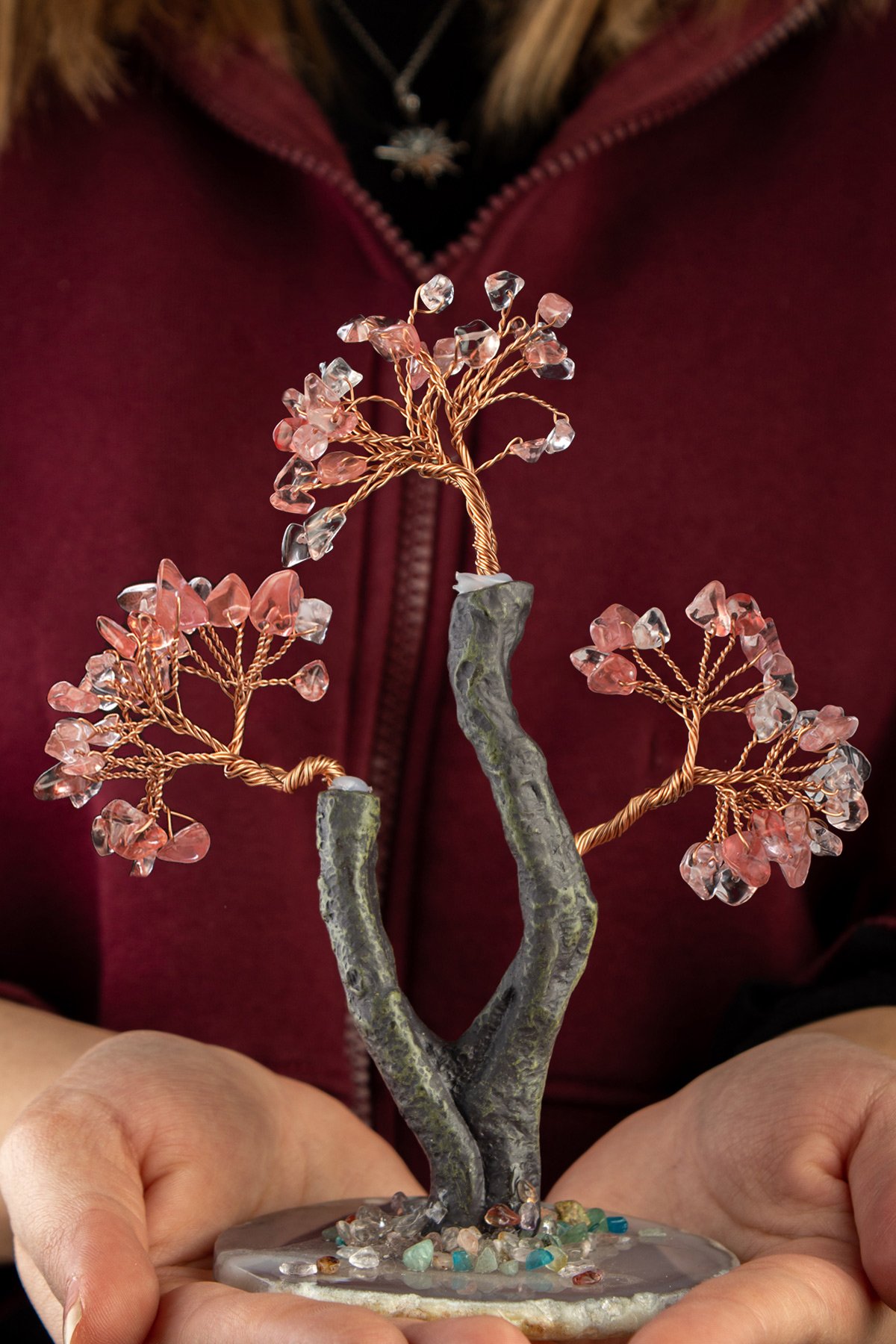 Gül Kuvars Taşı El Yapımı 8x17cm Doğal Taş Dekoratif Hayat Ağacı