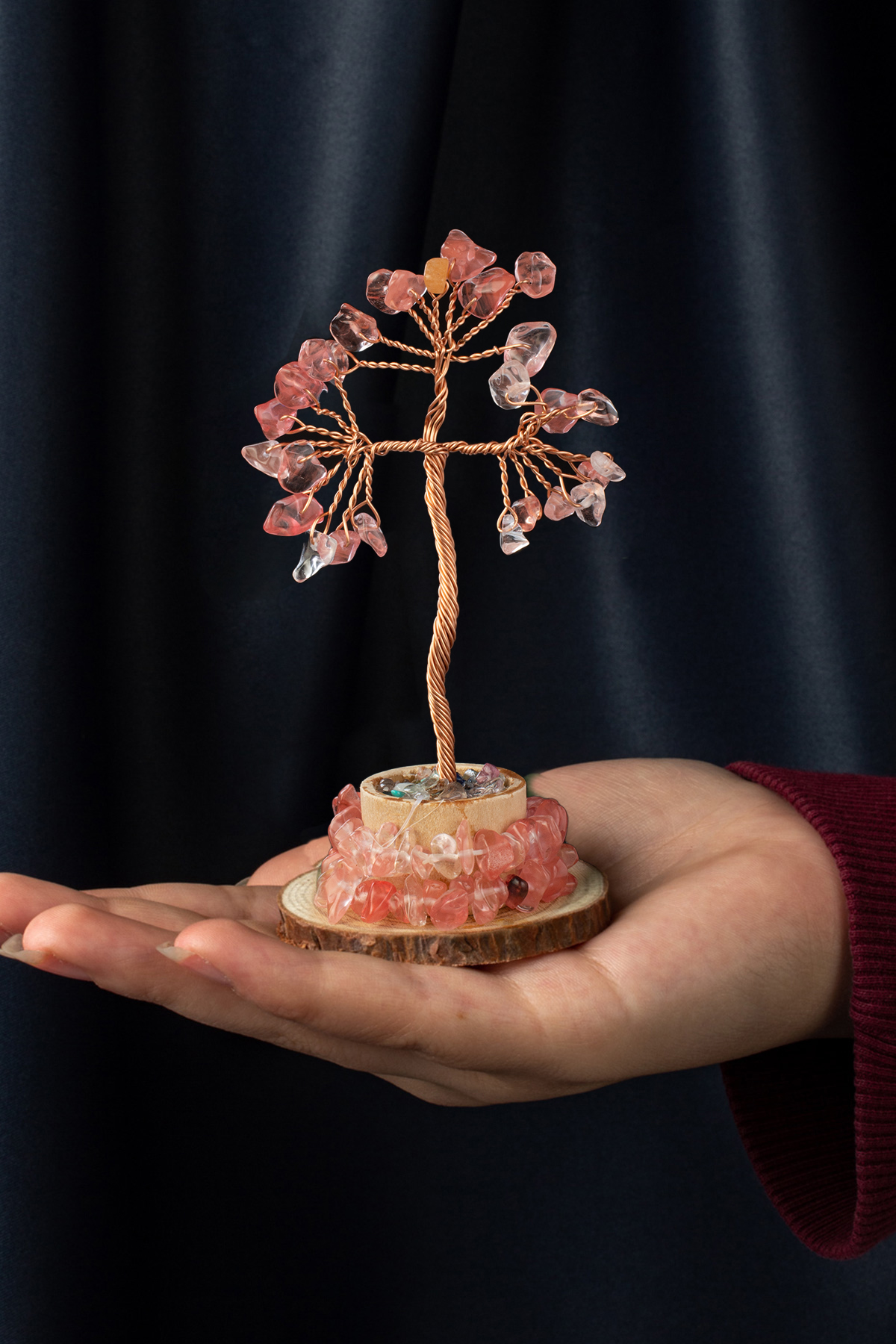 Gül Kuvars Taşı El Yapımı 6x11cm Doğal Taş Dekoratif Hayat Ağacı