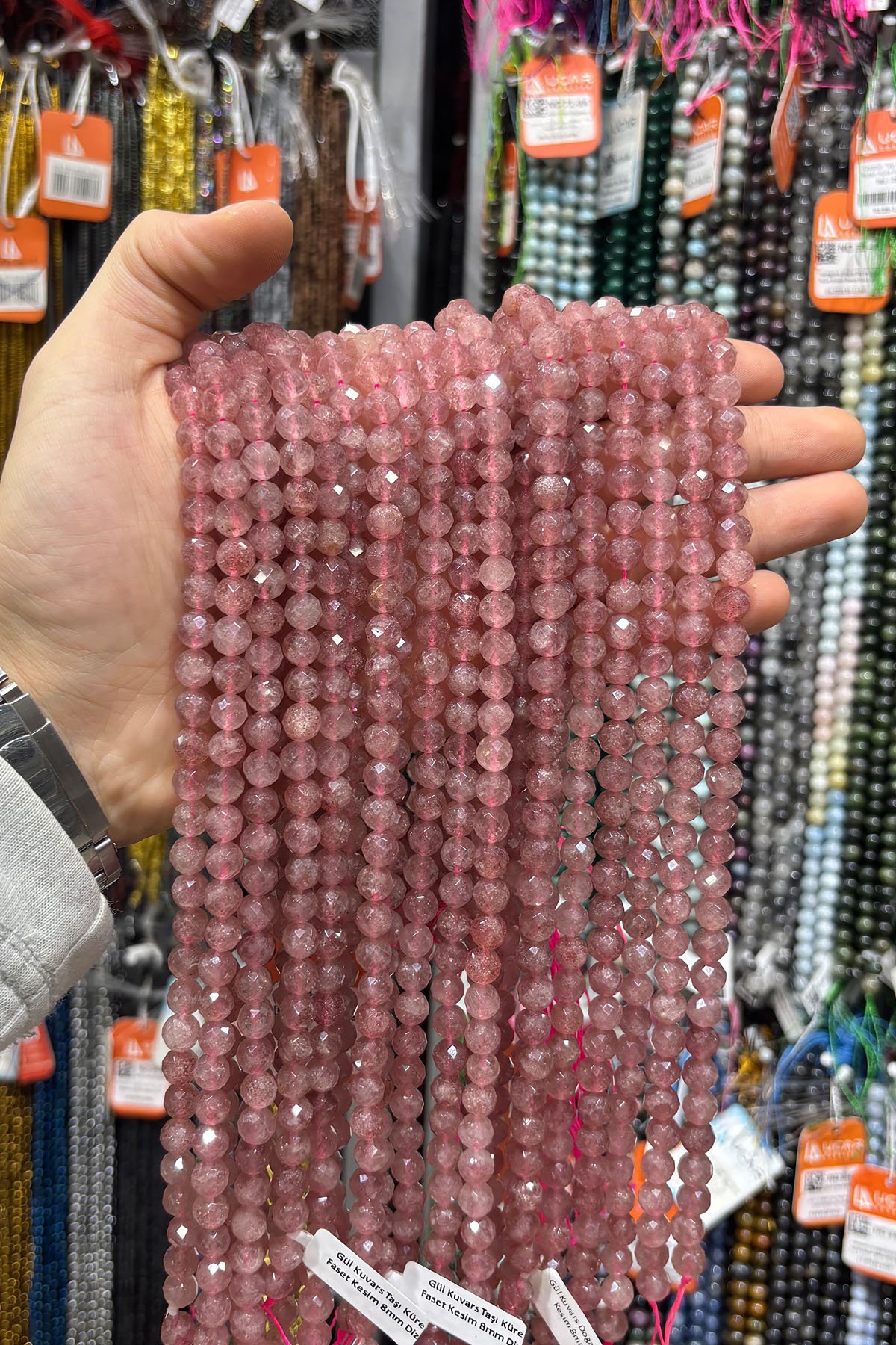 Gül Kuvars Taşı Küre Faset Kesim 8mm Dizi