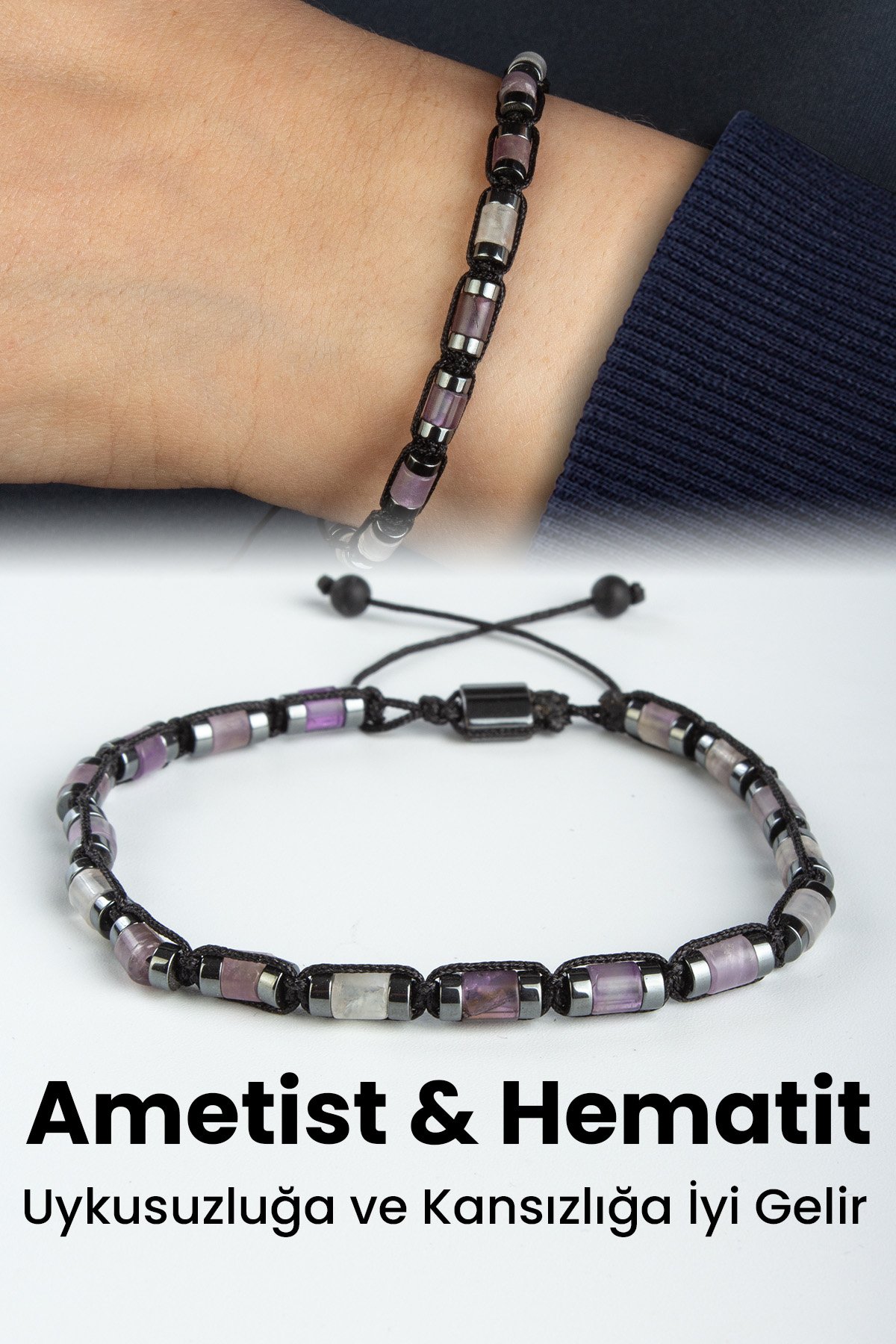 Ametist Doğal Taş Silindir Kesim Hematitli 4x4mm Makrome Bileklik