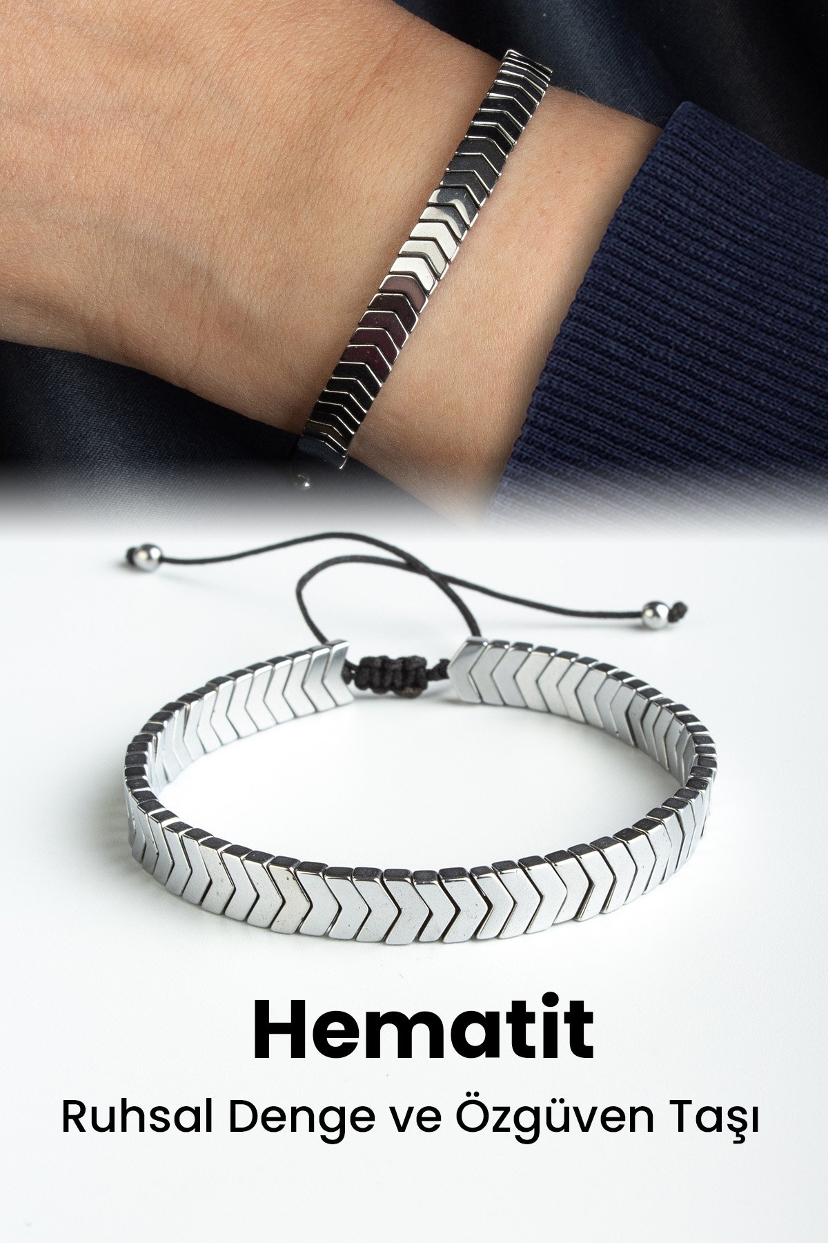 Hematit Doğal Taş Gümüş Çavuş Kesim 6x2mm Makrome Bileklik