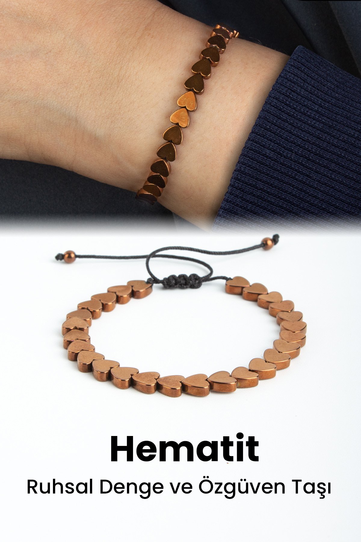 Hematit Doğal Taş Kahverengi Kalp Kesim 6mm Makrome Bileklik