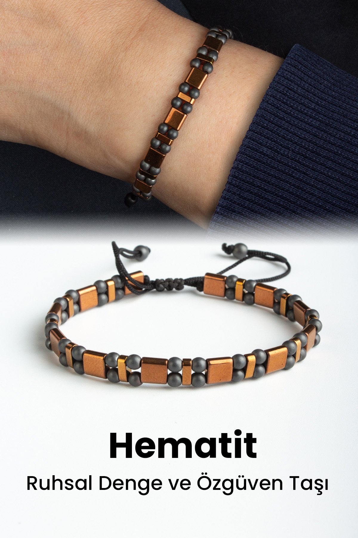 Hematit Doğal Taş Kahverengi Küre ve Yassı Kare Kesim 6x6mm Çift Delik Makrome Bileklik