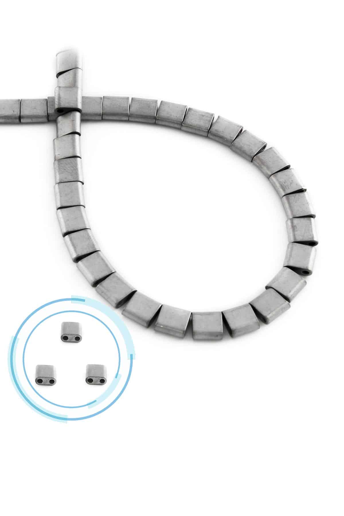 Hematit Doğal Taş Mat Açık Gri Kare Kesim Çift Delik 6x6mm Dizi [AA]