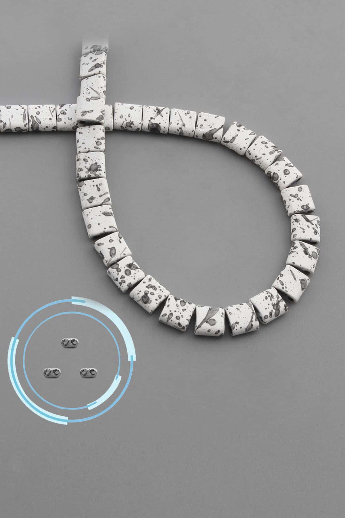 Hematit Doğal Taş Mat Benekli Beyaz Kare Kesim Çift Delik 6x6mm Dizi [AA]