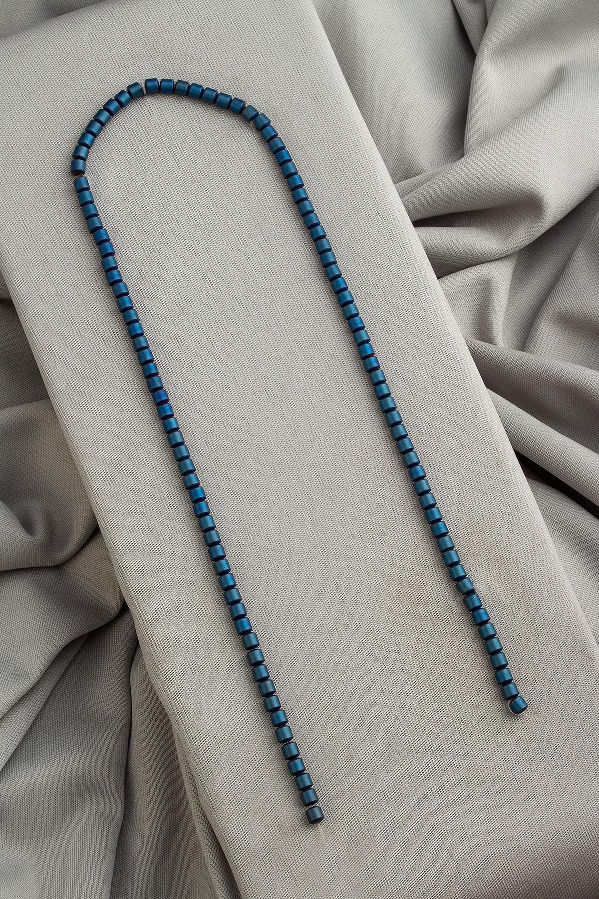 Hematite Natural Stone Matte Blue Cylinder Cut 4mm String Of Beads