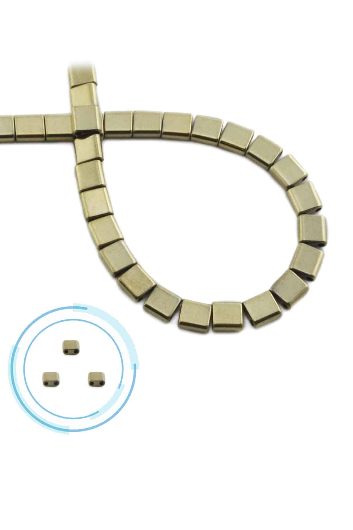 Hematit Doğal Taş Parlak Antik Sarı Kare Kesim Çift Delikli 6x6mm Dizi