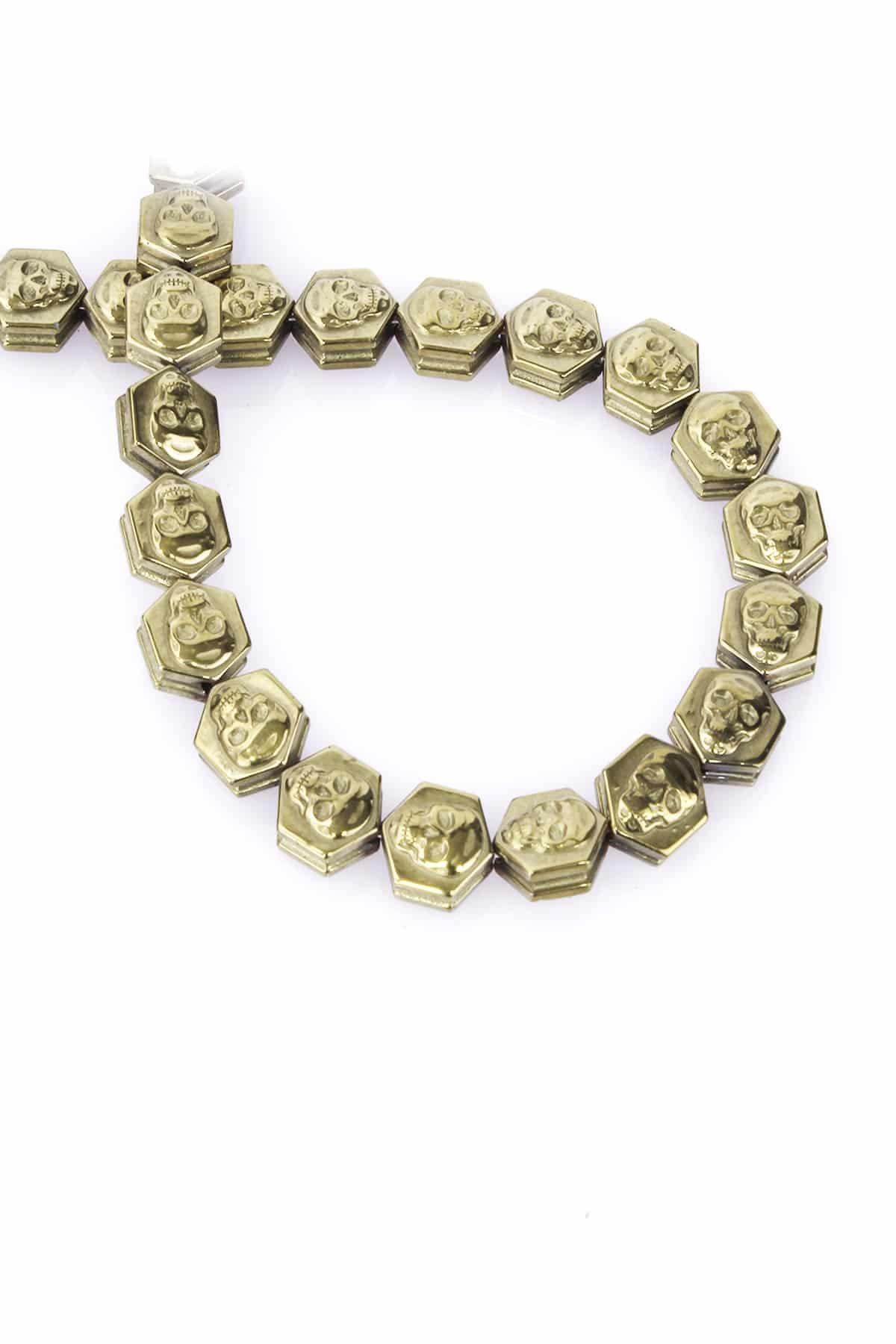 Hematite Natural Stone Shiny Antique Yellow Skull Hexagon Cut 9x9mm String Of Beads