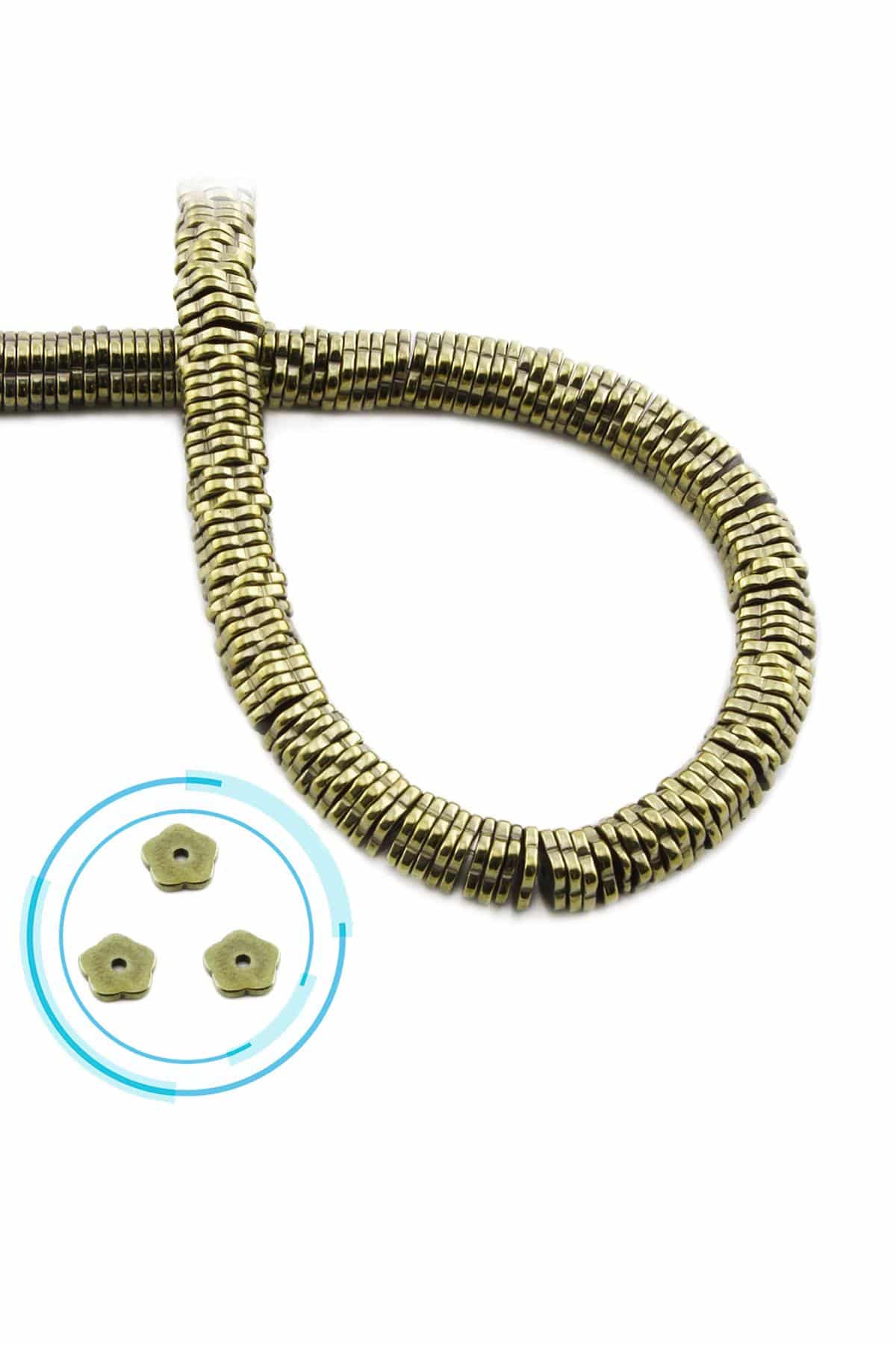 Hematit Doğal Taş Parlak Antik Sarı Rondela Kesim 6x1mm Dizi
