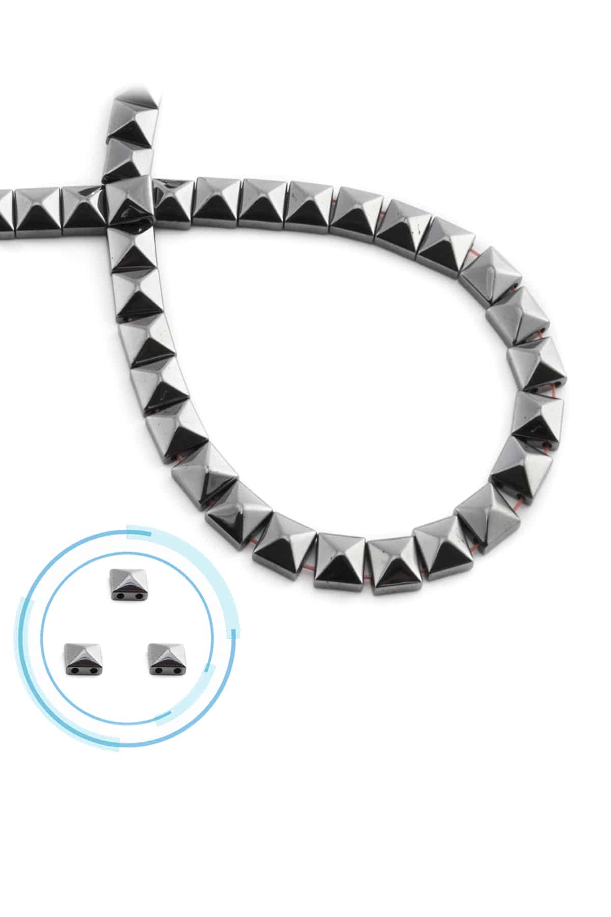 Hematite Natural Stone Shiny Smoked Pyramid Square Cut Double Hole 6x6mm String Of Beads