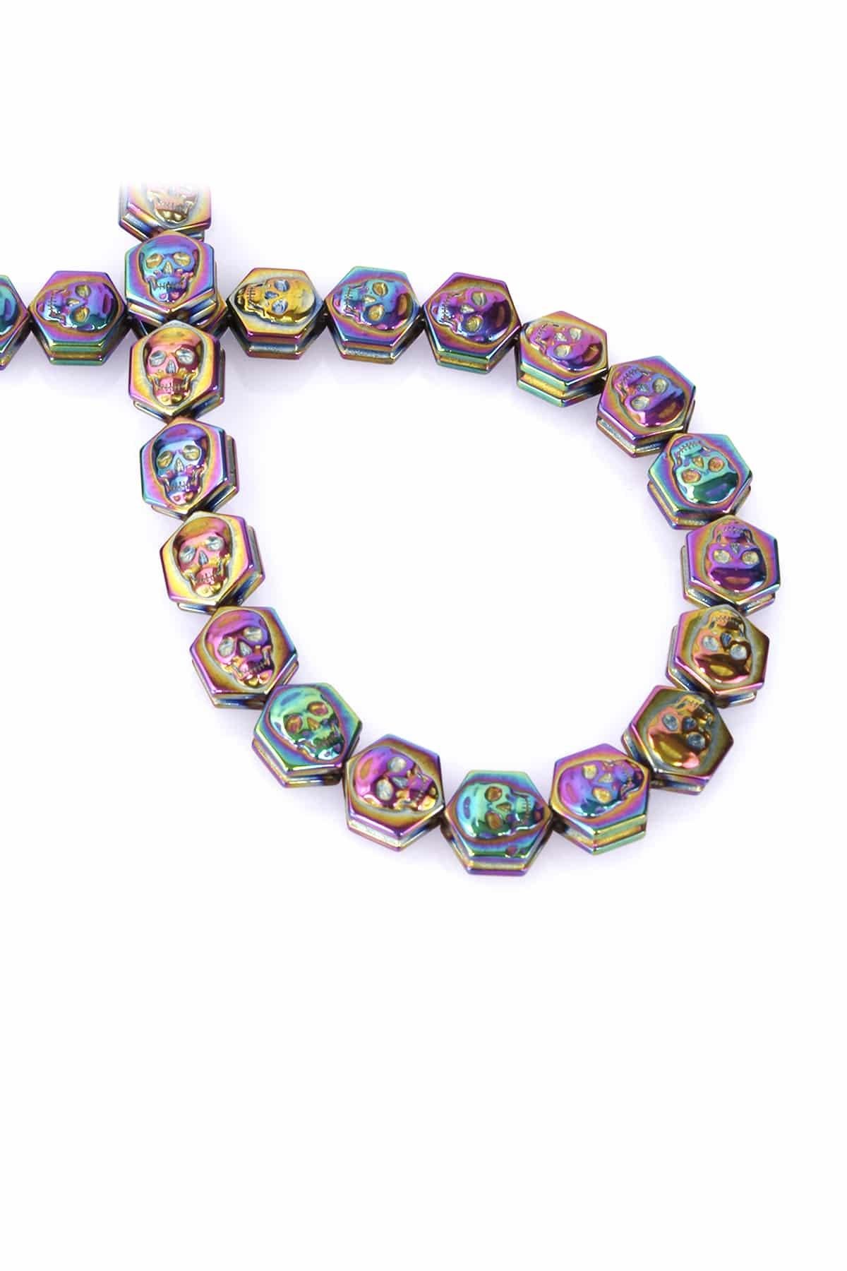Hematite Natural Stone Shiny Rainbow Skull Hexagon Cut 9x9mm String Of Beads