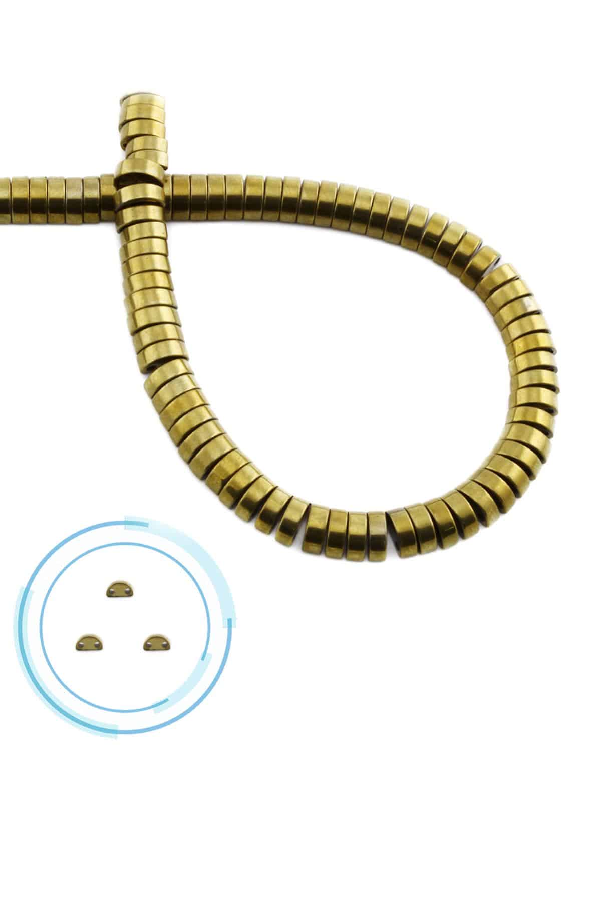 Hematit Doğal Taş Parlak Gold Bombeli Kesim Çift Delikli 6x2mm Dizi