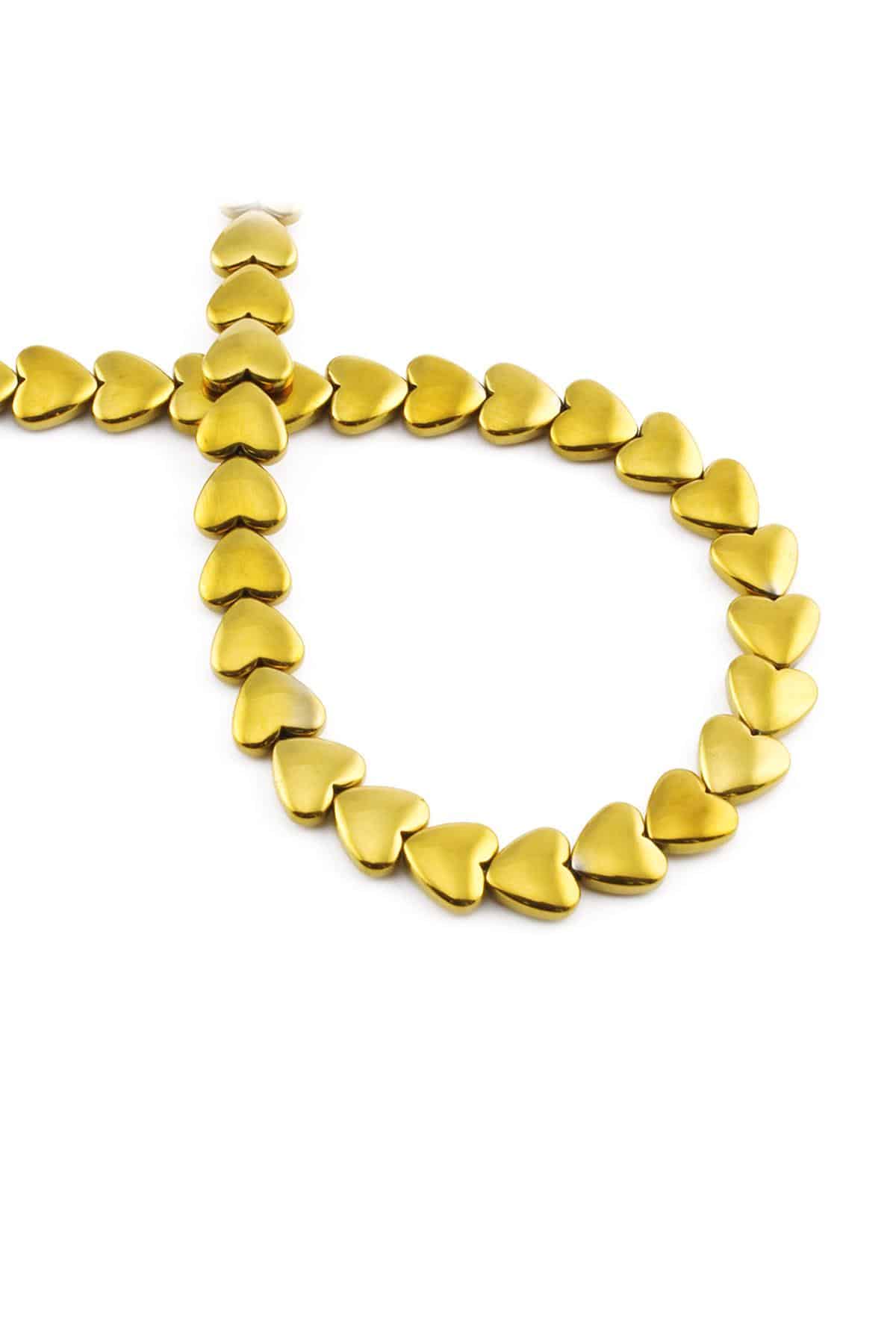 Hematite Natural Stone Shiny Gold Heart Cut 8mm String Of Beads