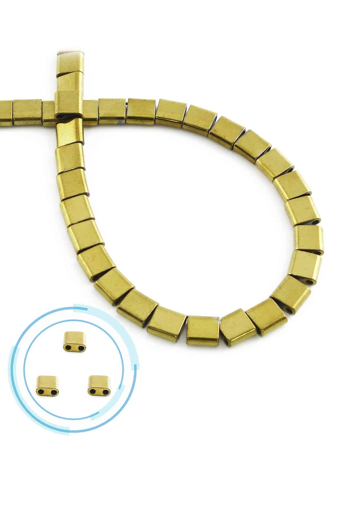 Hematit Doğal Taş Parlak Gold Kare Kesim Çift Delik 6x6mm Dizi [AA]