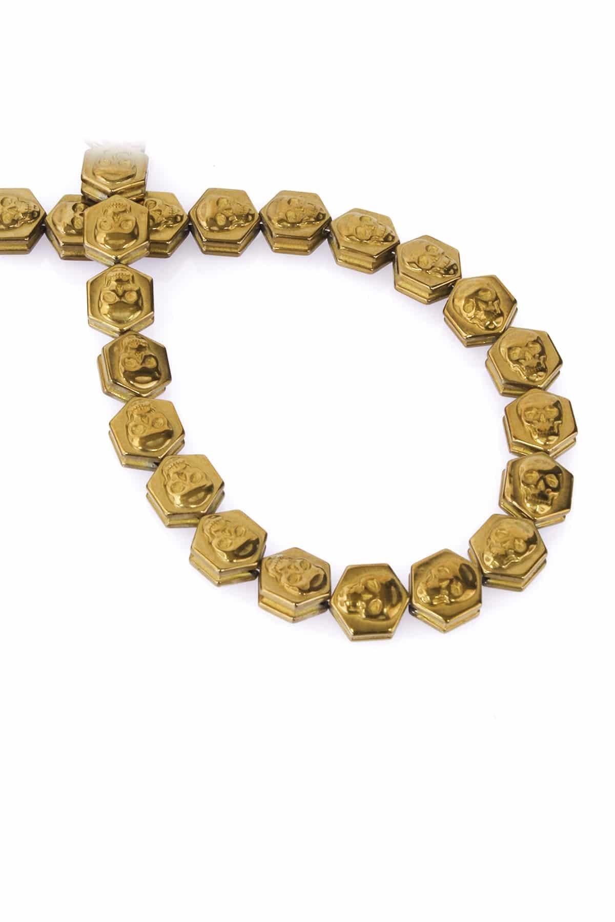 Hematite Natural Stone Shiny Gold Skull Hexagon Cut 9x9mm String Of Beads