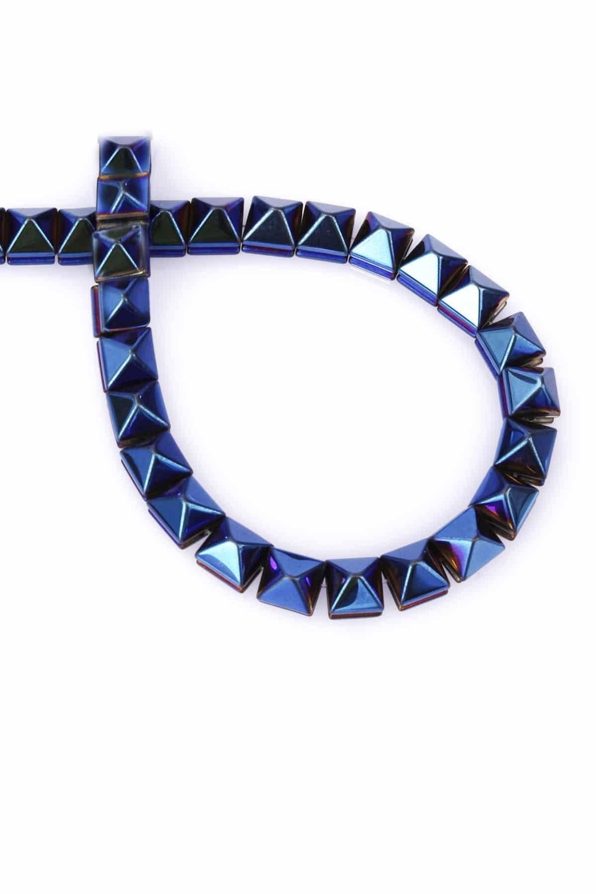 Hematite Natural Stone Shiny Blue Pyramid Cut 8x8x8mm String Of Beads