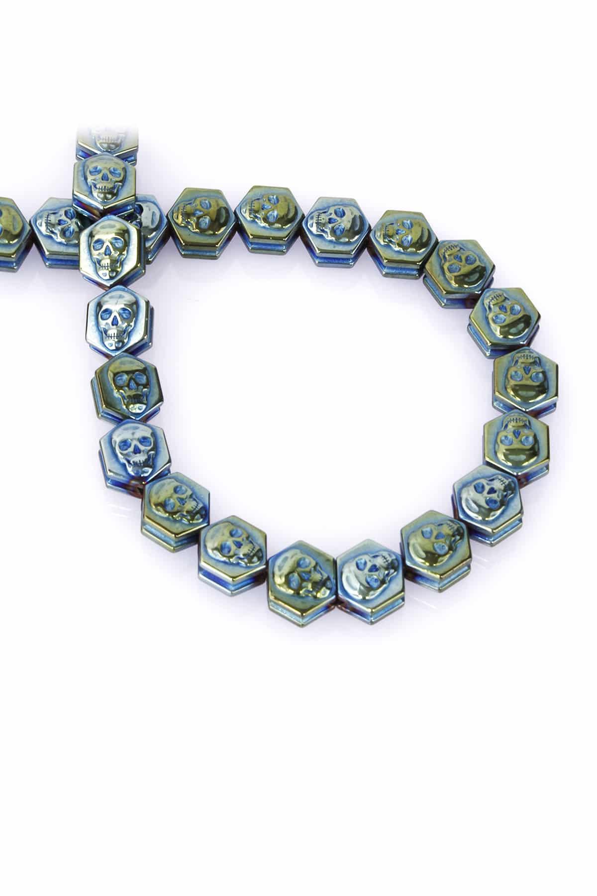 Hematite Natural Stone Shiny Green Skull Hexagon Cut 9x9mm String Of Beads