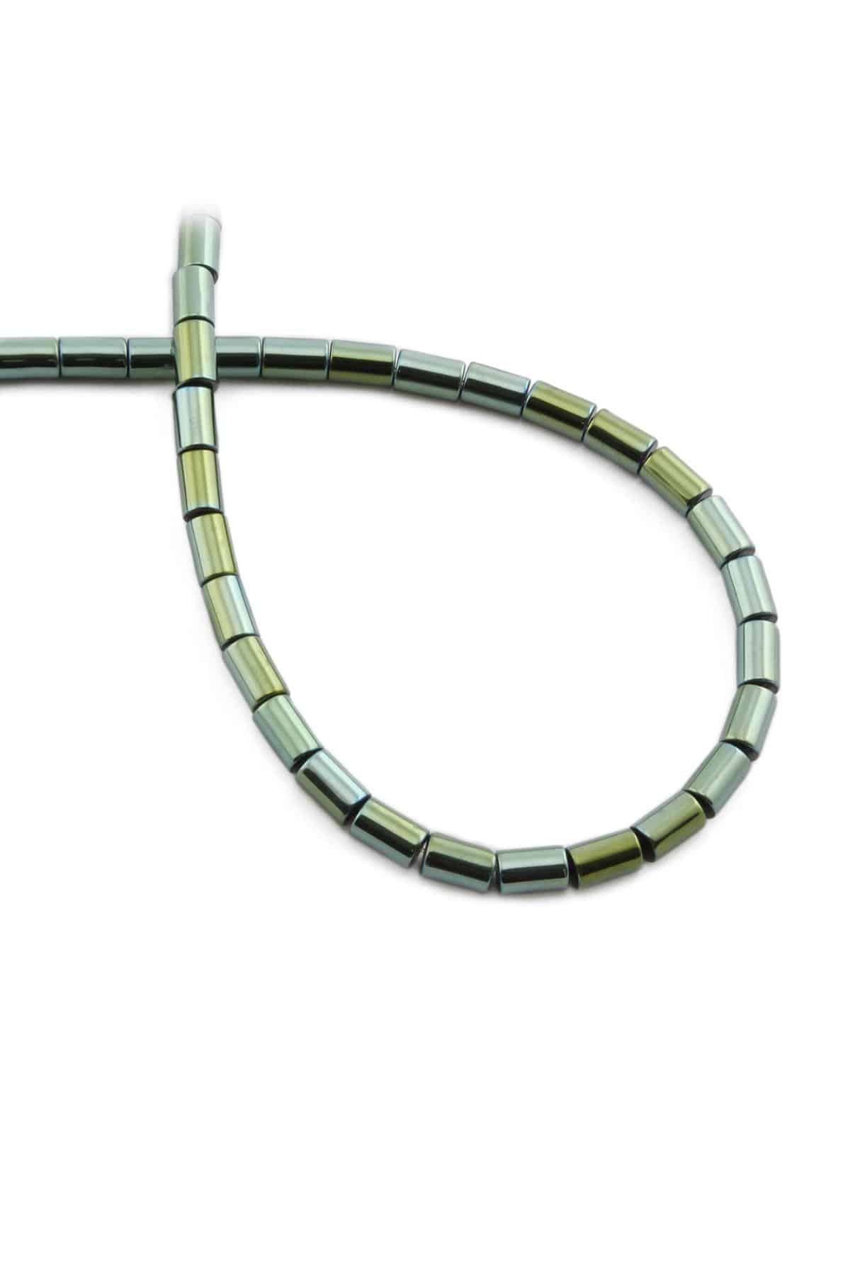 Hematite Natural Stone Shiny Green Cylinder Cut 4x6mm String Of Beads