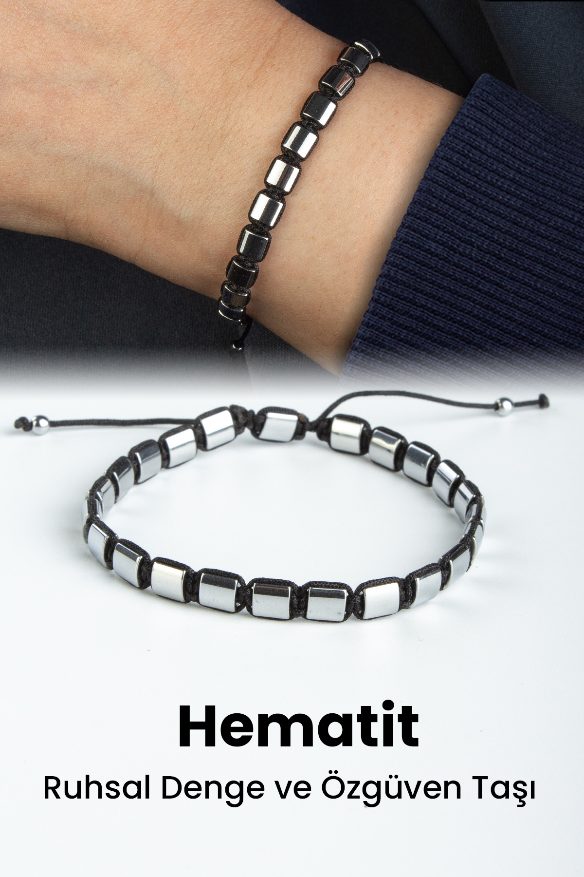 Hematit Doğal Taş Gümüş Kanallı Yassı Kare Kesim 5x5mm Makrome Bileklik
