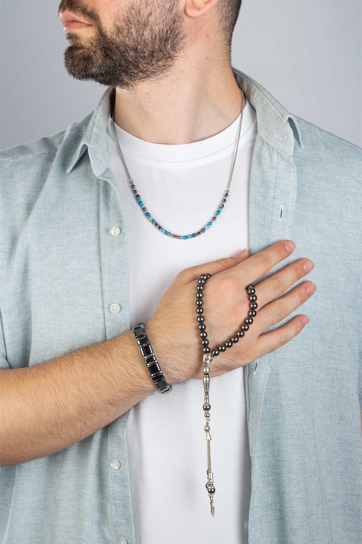 Hematit Doğal Taşlı 3 lu Hediye Erkek Takı Seti