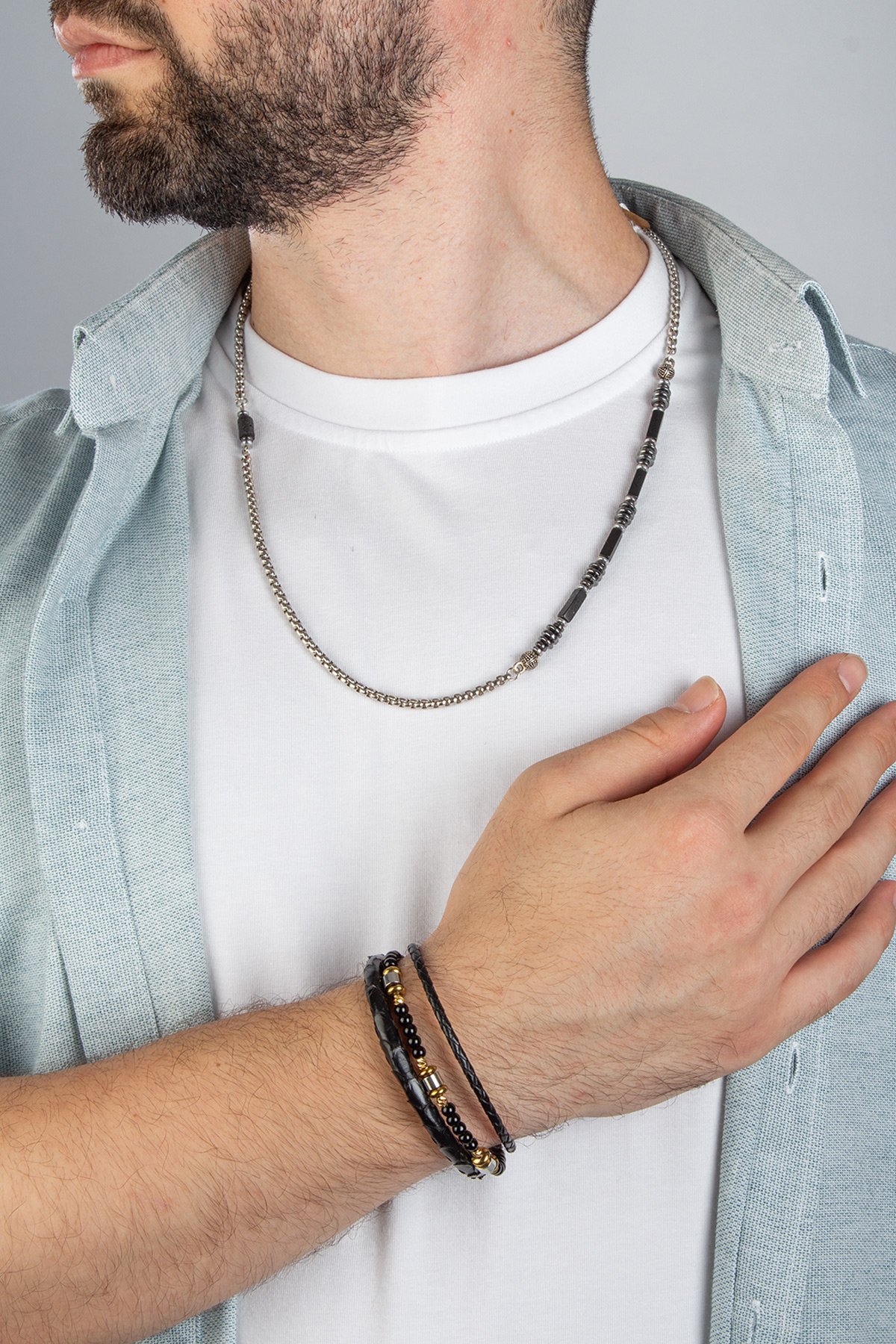 Hematit Doğal Taşlı Deri Bileklikli 2 li Hediye Erkek Takı Seti