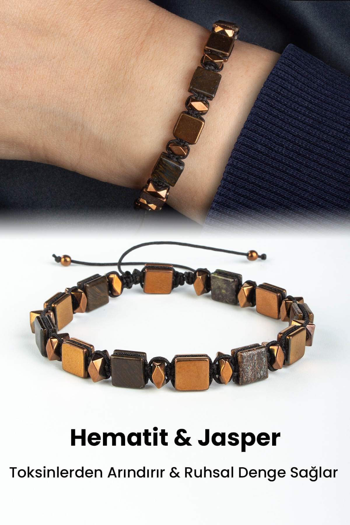 Jasper- Hematit Doğal Taş Kahve Yassı Kare Kanallı Kesim Makrome Bileklik