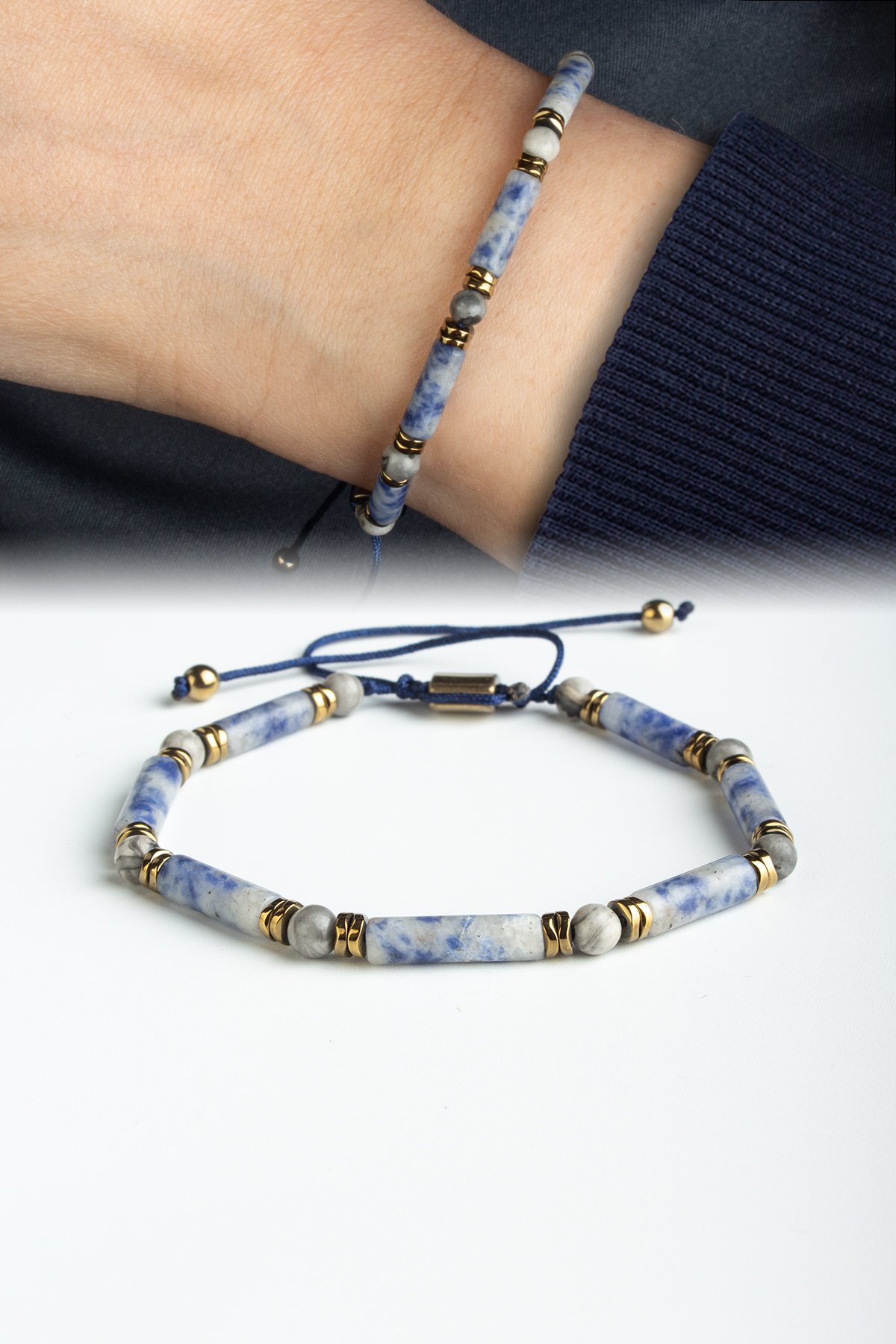 Sodalit Doğal Taş Silindir Kesim 4x13mm Küre Taşlı Makrome Bileklik